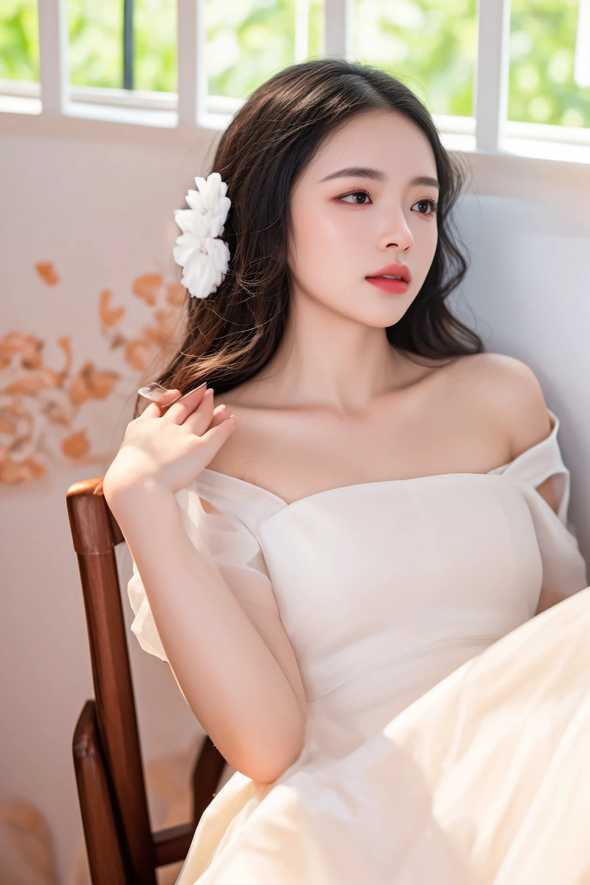 there is a woman in a white dress sitting in a chair, a beautiful woman in white, captured on canon eos r 6, shot with canon eoa 6 d mark ii, portrait soft light, ethereal beauty, white hanfu, a beautiful young woman, mai anh tran, soft portrait shot 8 k, in style of lam manh, medium portrait soft light