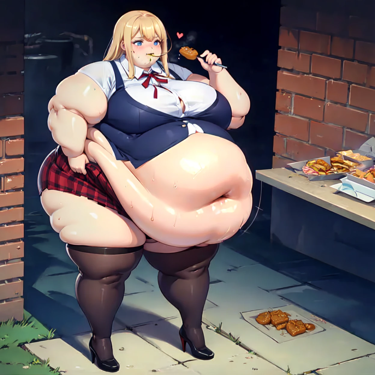 High quality, full body photo of a beautiful sexy secretary wearing extremely short skirt and seamed stockings, ((solo)), adult, high heels, craves sex, sweaty, eating at McDonalds, beautiful face, long wavy blonde hair, stunning blue eyes, massive painfully overstuffed bloated distended bulging heavy obese belly, panties visible under skirt, revealing skirt, shes binge eating, weight gain, very wide fat hips, fat thick thighs, massive wide fat round heart shaped shelf bubble butt, massive fat heavy breasts, very deep cleavage, tight uniform, belly so full it hurts, shes so fat she can barely stand, shes so full she can barely stand, her clothes dont fit shes so extremely fat, shes become a fat food addicted slob, she doesnt care about being fat anymore she just wants to eat more and more food until she cant move, covered in sweat, belly bigger than her body, she’s very heavy massive and obese, fat cheeks, fat face, fat neck, struggling to eat more, struggling to stand, shes rubbing her belly, burping, sagging obese belly, painfully churning gurgling groaning growling belly, she cant fit anymore food inside her belly, shes in a state of blubbery bliss, it hurts so much but if feels so good,