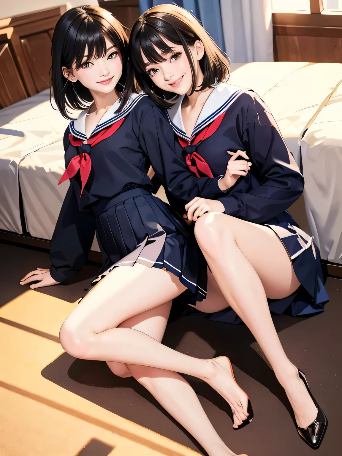 (top-quality、in 8K、32K、​masterpiece、超A high resolution、Impresionismo、Photorealsitic:1.2)、Full body, Inside the classroom、Schools、Evening glow、beauitful face、blurry backround、16-year-old beautiful girl、shinny skin、bob cuts、Beautiful black hair、(Katyusha:1.2)、a sailor suit、Pleated miniskirt、Curve、dynamicposes、Smile with open mouth、Two girls, lying on sofa