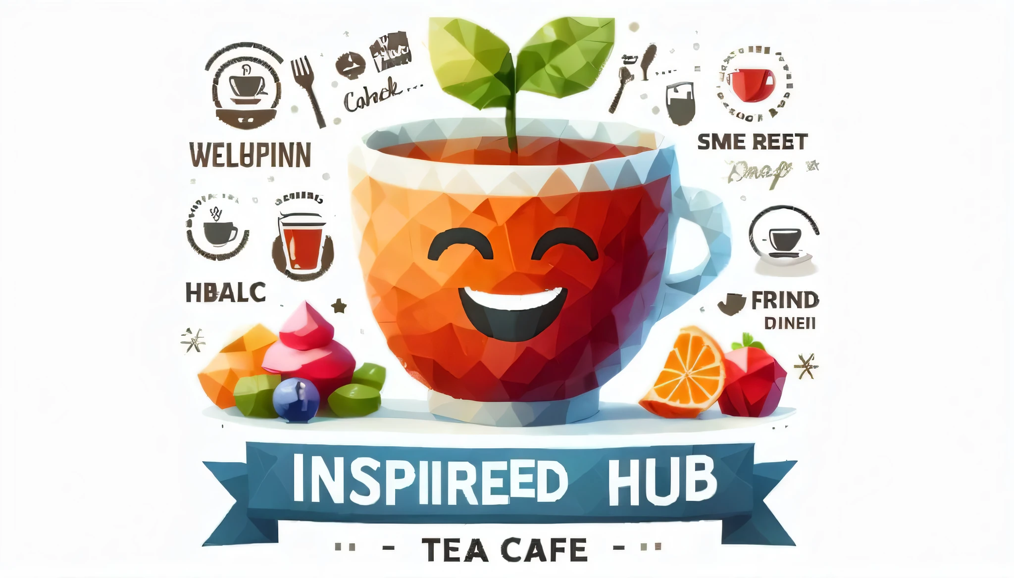 create a image pottrey cup of tea, restaurant name "INSPAIRD HUB TEA CAFE", a cute smile, background food set stocks, 3d digital art