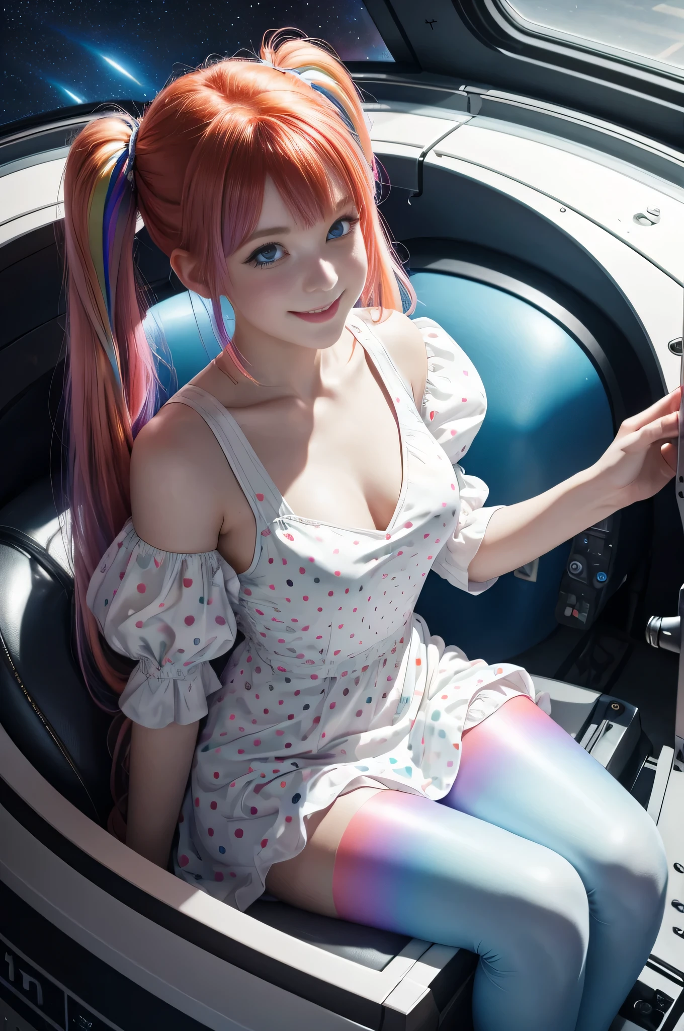 (overhead view) Cute redhead with rainbow colored hair tips, ribbons in her hair, 18-year-old woman, happy, smiling, in twin tails, perfect eyes, clear sparkling blue eyes, pale skin, silky smooth white skin, alabaster skin, flying a fancy metal luxurious space ship, futuristic cockpit, she's a pilot, outer space seen in windows, dark warm lighting, wearing a futuristic dress, low cut top, pleated (chemise) mini dress (pastel rainbow colors, and polka dots), puffy sleeves silk, wearing colorful leggings/tights.