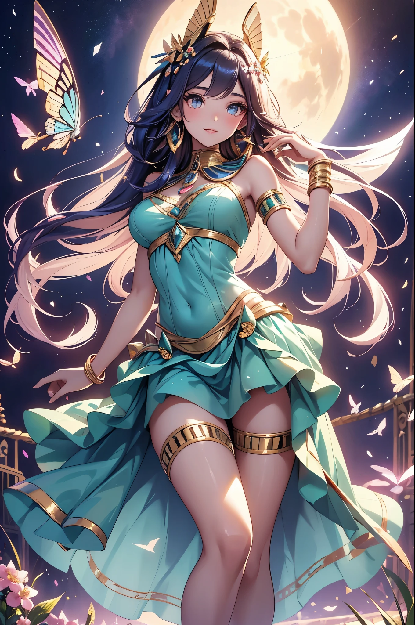 (best quality,4k,8k,highres,masterpiece:1.2),ultra-detailed,(realistic,photorealistic,photo-realistic:1.37),acrylic painting,beautiful Egyptian model in a Lolita dress with downy hair,beautiful Egyptian model with extremely colorful hair and detailed facial features,beautiful Egyptian model standing in a beautiful garden surrounded by a starry sky,beautiful Egyptian model wearing a vibrant Lolita dress,beautiful Egyptian model with intricate accessories and a matching hat,beautiful Egyptian model posing gracefully with her hands on her hips,beautiful Egyptian model with long flowing twintails,beautiful Egyptian model with bright blue eyes and rosy lips,beautiful Egyptian model with a joyful expression,beautiful Egyptian model in a dynamic pose with cherry blossoms falling around her,beautiful Egyptian model surrounded by colorful flowers and butterflies,beautiful Egyptian model's dress adorned with cute bows and lace details,beautiful Egyptian model with an enchanting smile,beautiful Egyptian model with soft, pastel-colored shading,beautiful Egyptian model with a magical glow illuminating her,beautiful Egyptian model in a picturesque setting with a winding path leading to a magnificent castle,beautiful Egyptian model holding a microphone and singing passionately,beautiful Egyptian model with a fairytale-like background,beautiful Egyptian model with a soft, dreamy atmosphere,beautiful Egyptian model with a subtle bokeh effect,beautiful Egyptian model standing under a moonlit sky,beautiful Egyptian model with a warm, golden sunset in the background,beautiful Egyptian model surrounded by twinkling stars and colorful nebulae,creating an ethereal and captivating artistic masterpiece. 
