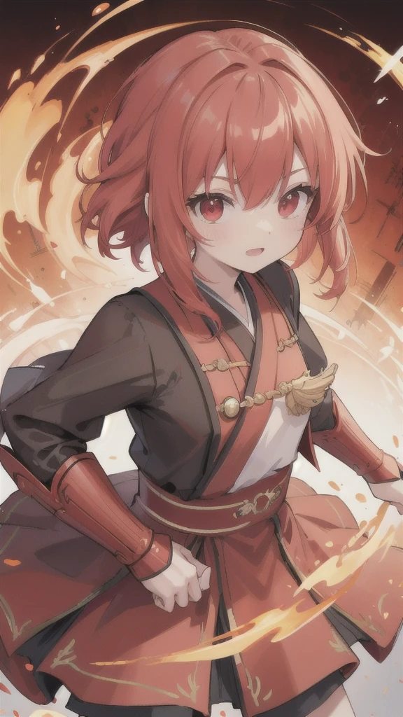 (best quality, vibrant colors:1.2),red bobblehead,vibrant red eyes,red and black Hanfu armor,red gauntlets,chicken