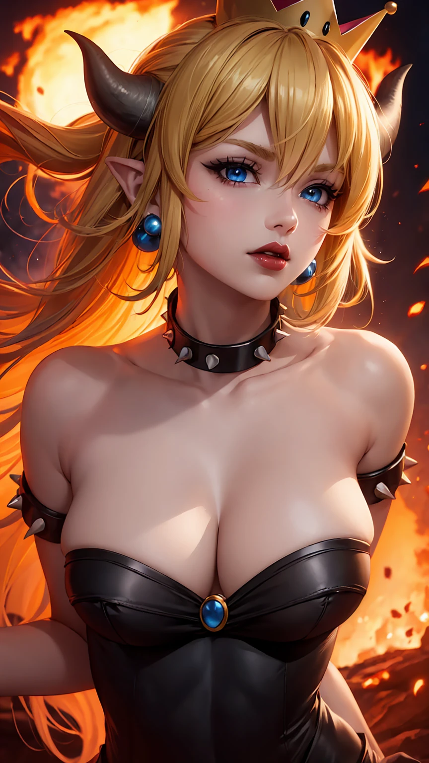 ((high detailed, best quality, 4k, masterpiece, hd:1.3)), ((best quality)), (((HD))), (((8k))), (ultraDH), (ultra HD), Princess Daisy, blue eyes, BREAK blue eyes, seductive, attractive, smooth anime cg art, 36C breasts, long legs, vivid colors, detailed digital art, slim body, perfect skin, dark blonde hair, long hair, blonde hair, blonde hair, BREAK crown, cleavage, 36C cleavage, looking at viewer, BREAK looking at viewer, extremely detailed face, red santa suit, red santa claus suit, santa claus suit, earrings, gem, dark black makeup lips, dark gothic eyeshadows, dark eyeshadows, black eyeshadows, black sexy lips, black lips, (dark:1.2), dark lips, very dark lips, (perfect hands, perfect anatomy), black makeup, black medium lips, black thick lips, detailed fingers, five fingers per hand, 5 fingers, (1 girl), detailed lips, detailed black lips, black painted lips, gothic painted lips, BREAK night, night sky, (breast focus), (arms outstreched:1.2), (from above:1.1), (breasts out:1.3), (off shoulder:1.1), (white horns), (bra), inside a lava castle, she inside a sea of lava, she bathing in lava,