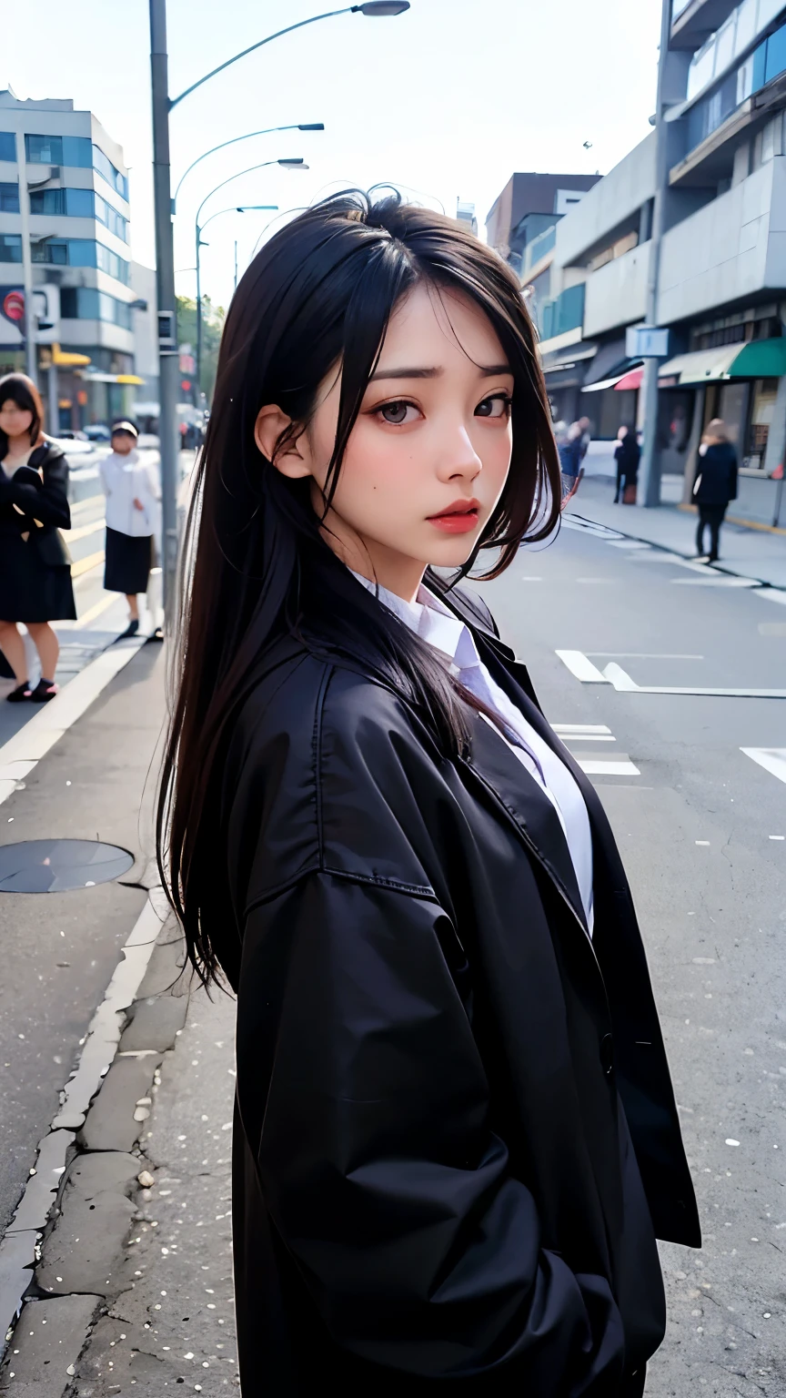 8k, RAW photo, best quality, masterpiece:1.2),(realistic, photo-realistic:1.37),down light,1girl,, extremely beautiful face,purple eyes,bust,put down hands,Random hairstyle,black hair color,nonsens expression,wearing black jacket,standing alone,feeling lonely, background show edge of street, far from people.