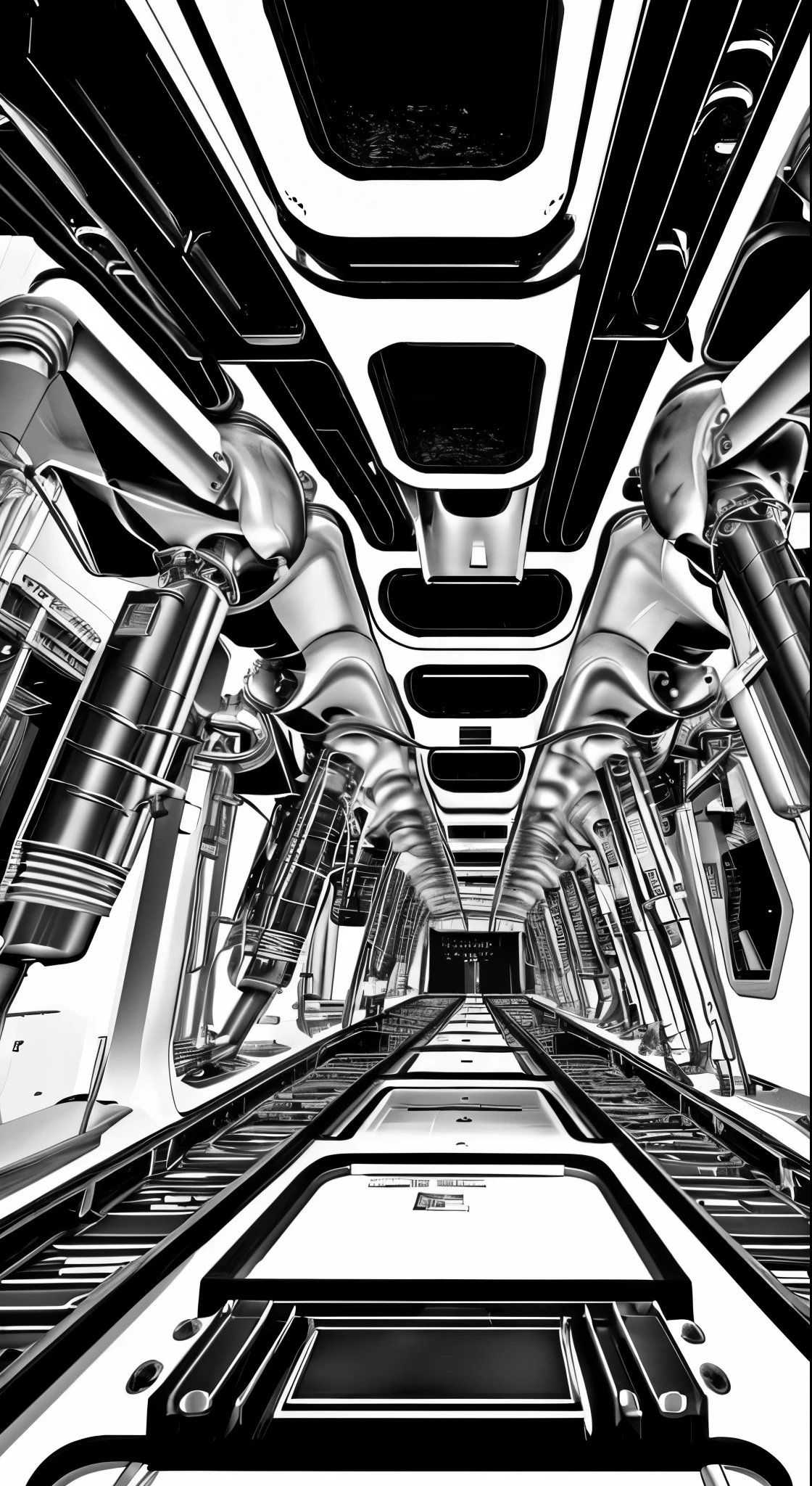 Mechanical Engineering Background, Black and white color scheme, Inside the spaceship