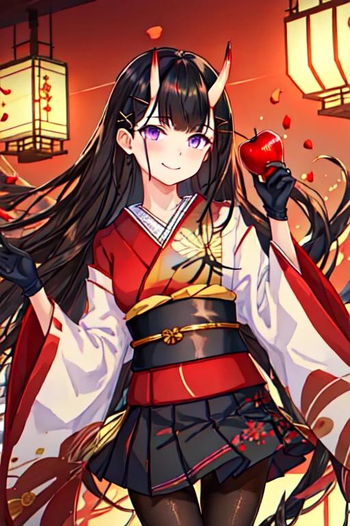 best quality, masterpiece, highres, solo, {noshiro_azurlane:1.15}, long_hair, horns, oni_horns, black_hair, purple_eyes, bangs, hair_ornament, hairclip, breasts, x_hair_ornament, serafuku, very_long_hair, 1girl, candy_apple, food, gloves, holding, japanese_clothes, kimono, (black skirt), looking_at_viewer, (red_kimono), (black_gloves), blunt_bangs, closed_mouth, long_sleeves, petals, smile, wide_sleeves, hairpin, lantern, obi, sash, pantyhose