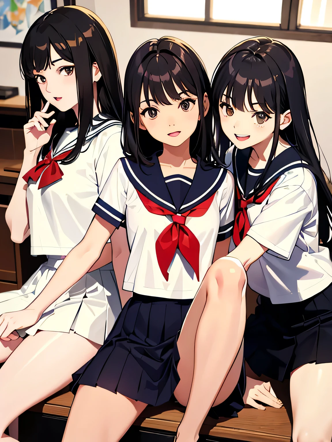 (top-quality、in 8K、32K、masterpiece、超A high resolution、Impresionismo、Photorealsitic:1.2)、Full body, Inside the classroom、Schools、Evening glow、beauitful face、blurry backround、16-year-old beautiful girl、shinny skin、bob cuts、Beautiful black hair、(Katyusha:1.2)、a sailor suit、Pleated miniskirt、Curve、dynamicposes、Smile with open mouth、Two girls, lying on sofa