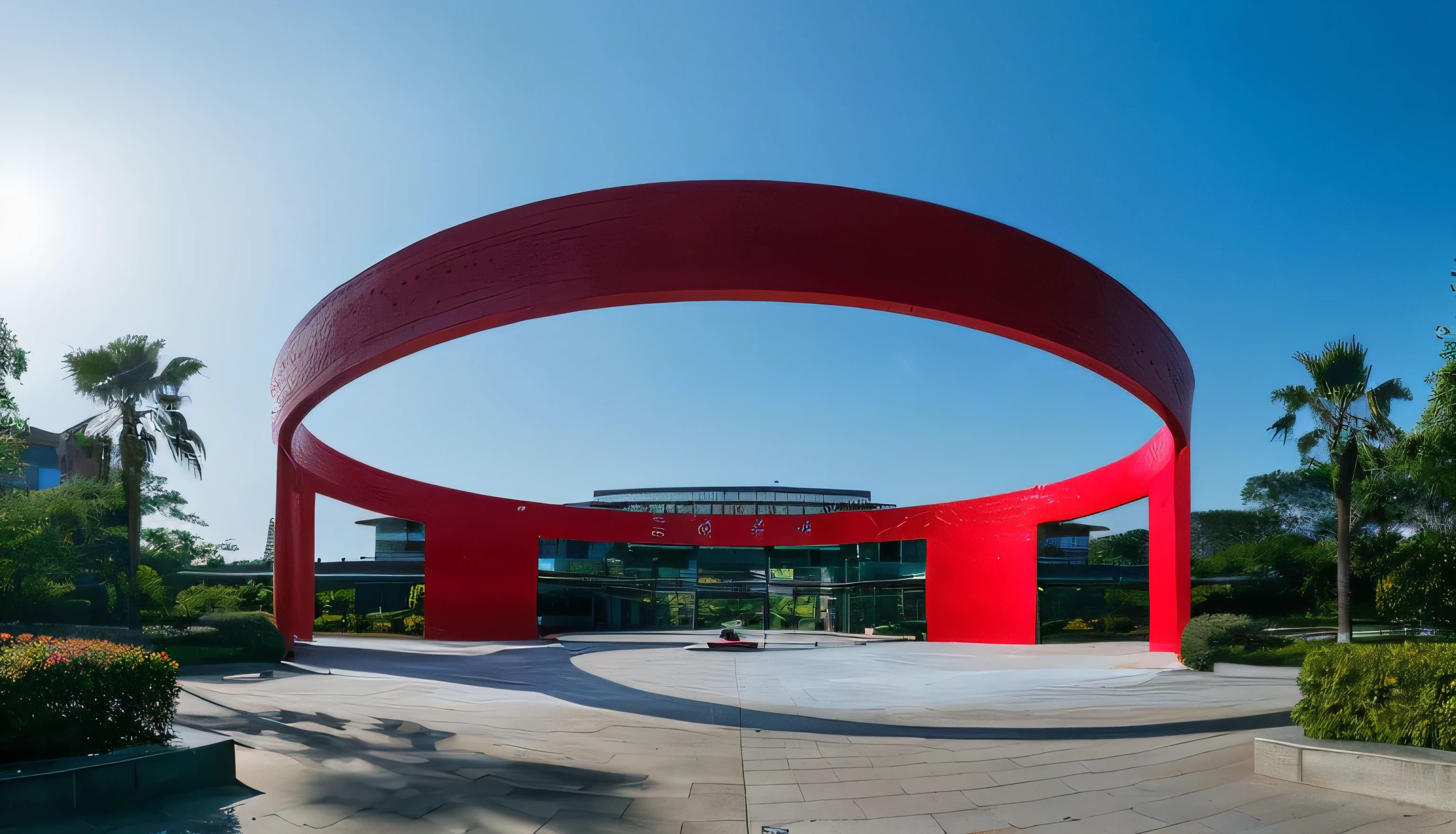Amazing architectural photography,Sunset,Sunset,Red Araf sculpture in front of the circular entrance building, Research Complex, Photo showing, No watermark, Shot with Sony alpha 9, Wide Portrait, wide angle panorama, Large Portrait, Unobscured, University, Web portals, 2 4 mm iso 8 0 0 color, Research center, modern technology building