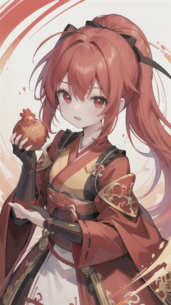 (best quality, vibrant colors:1.2),red bobblehead,vibrant red eyes,red and black Hanfu armor,red gauntlets,chicken