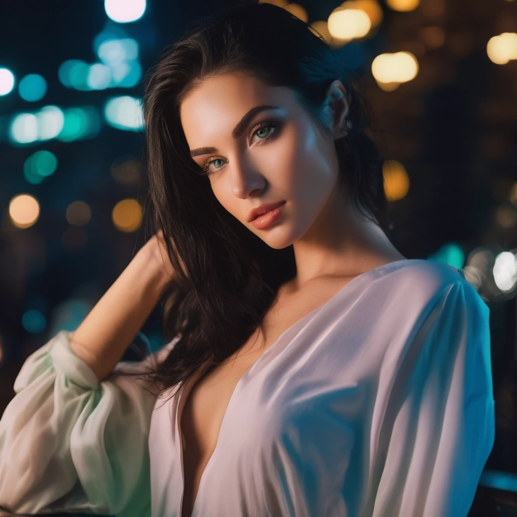 (32k:1.5, Highest quality, masterpiece, Ultra-high resolution), Professional camera work:1.6, Very detailedな肌と顔の質感:1.3, Captivating portrait, Very accurate, Very detailed, 1 adult female, ((Amazing night view from the rooftop:1.4, The moonlight at night illuminates my body)), (Satin Nightgown:0.7), Incredibly slim body, Fair skin, elegant, Expressions of sadness, (Big eyes that exude beautiful eroticism:0.8, A dreamy look:1.0, I love you with all my heart:0.8, Open your mouth a little, lipstick, Feel the beautiful eroticism:0.9), (Wet dark brown medium length hair), Sensual sitting position, Candles, The chest is medium, Earrings, necklace, bracelet, (romantic, mysterious), Object of admiration, dramatic, Artistic, Innovative, attractive, sense of openness, sense of cleanliness, Special, Heartful, Fancy, exciting, Extreme, Tilt, ((Adult charm, Feminine charm, Hair blowing in the wind))
