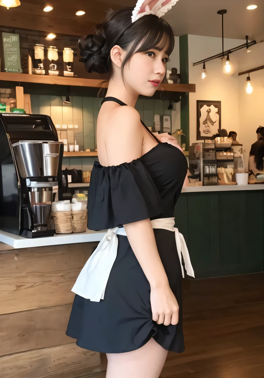 Cool beauty,Looks sweet,(updo hairstyle), wearing only dark green starbucks apron, off-shoulders, show cleavage, show big thigh, plump body, huge breast, full body photo, standing pose. Wearing black bunny headband. Side view. In coffee shop.