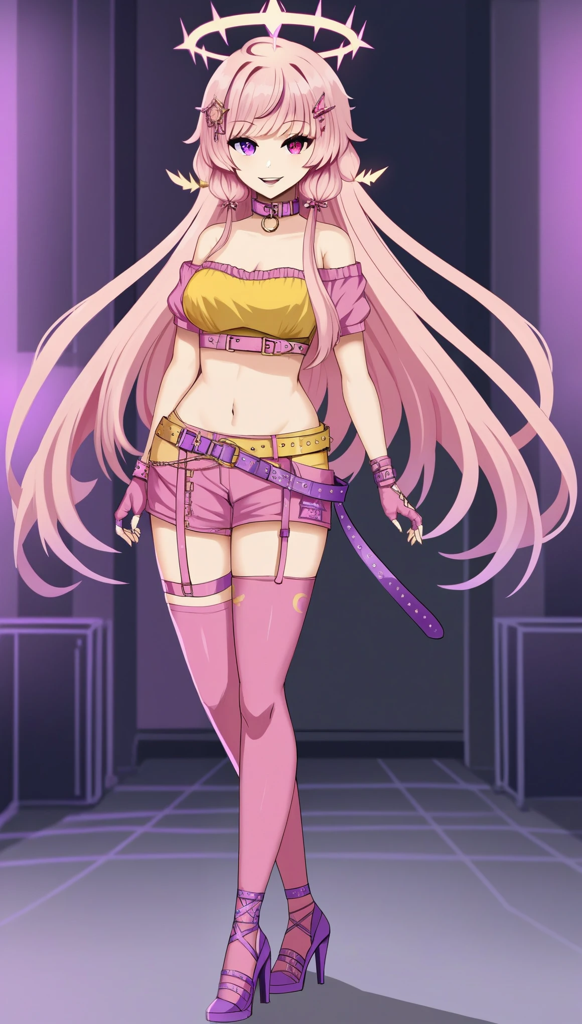 EssieVTXL, (pink eyes, purple eye), heterochromia, pink hair, sidelocks, long hair, hair ornament, collar, yellow spiked halo, yellow crop top, short sleeves, bare shoulders, short, belt, pink thighhigh, pink fingerless gloves, purple high heels, solo, standing, looking at viewer, indoors