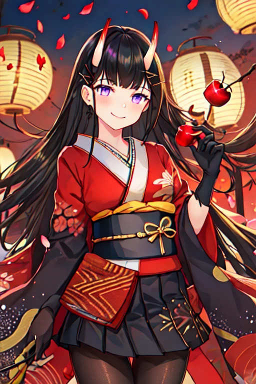 best quality, masterpiece, highres, solo, {noshiro_azurlane:1.15}, long_hair, horns, oni_horns, black_hair, purple_eyes, bangs, hair_ornament, hairclip, breasts, x_hair_ornament, serafuku, very_long_hair, 1girl, candy_apple, food, gloves, holding, japanese_clothes, kimono, (black skirt), looking_at_viewer, (red_kimono), (black_gloves), blunt_bangs, closed_mouth, long_sleeves, petals, smile, wide_sleeves, hairpin, lantern, obi, sash, pantyhose