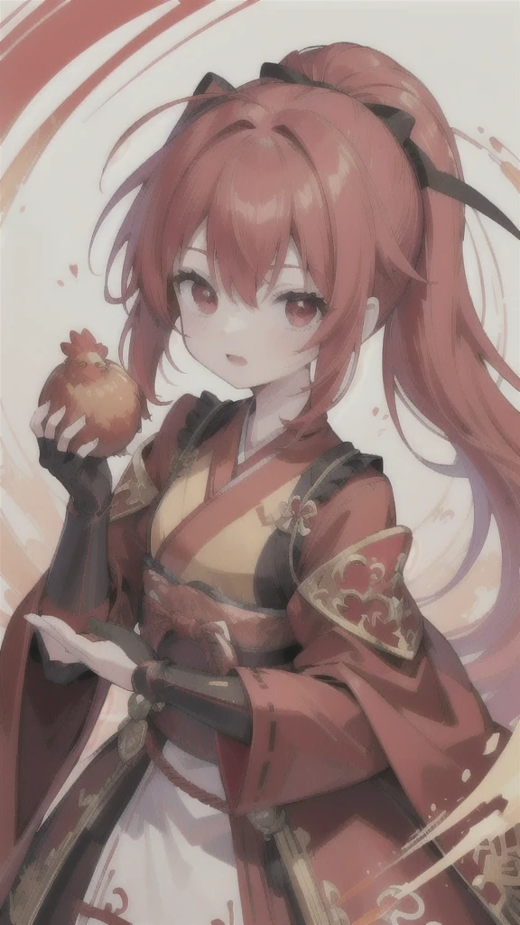 (best quality, vibrant colors:1.2),red bobblehead,vibrant red eyes,red and black Hanfu armor,red gauntlets,chicken