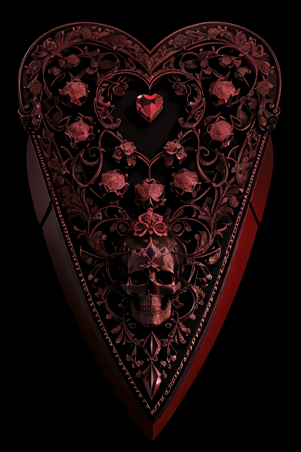 A captivating, ultra-high-definition photograph of an ultra-realistic 3D render of a heart-shaped long coffin that coloured in black and deep red suspended in the air on black background. The long size coffin, an intricate blend of hyperrealism and million-small-detailed design, is a mesmerizing shade of black and deep red, adorned with two bejewelled skulls on its front cover. high-definition, rather velvet with intricate designs, portrait photography, 3d render, dark fantasy, poster, cinematic, vibrant, photo, product, dazzling