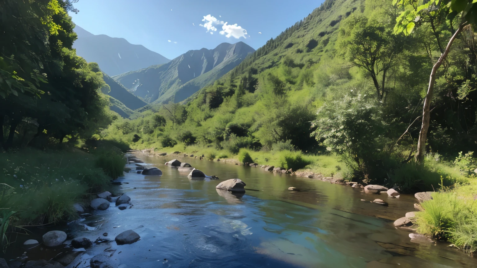 A tranquil mountain river, gently flowing through the peaceful valley, with the sound of birds chirping and leaves rustling in the breeze.