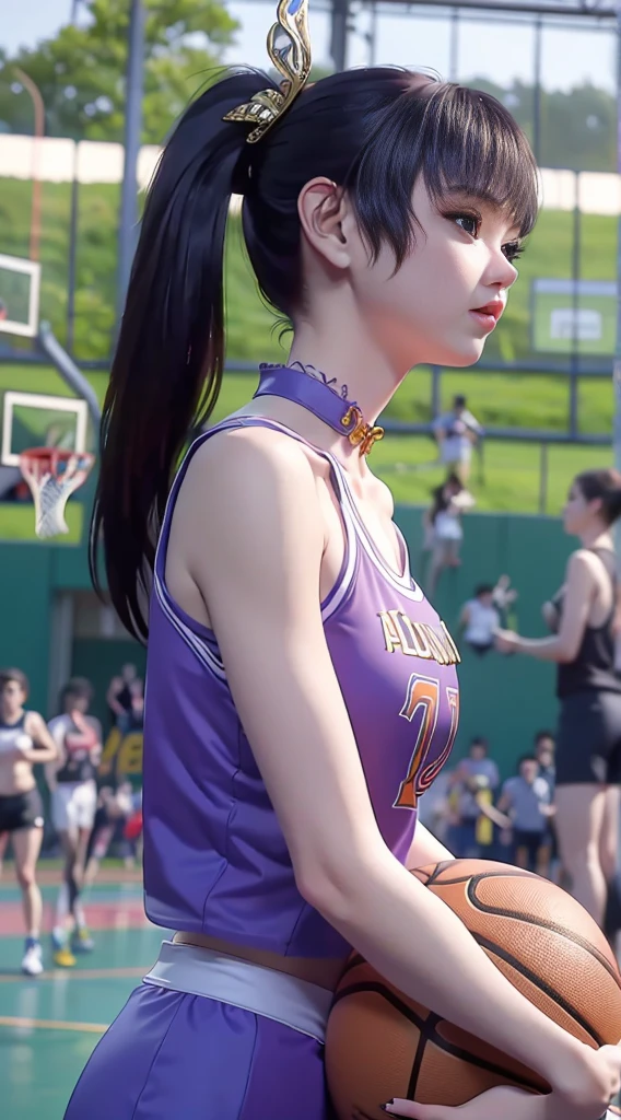 8k, best quality, masterpiece: 1.2), (Practical, Reality: 1.37), Ultra Detailed, best quality, Ultra-high resolution, Professional lighting, Photon Mapping, Radiosity, Physically Based Rendering, light , Basketball Court, Depth of Field, Key Points, Sun rays, Good composition, (Bokeh: 1.2), 1 girl, (whole body), (Shut up), beautiful eyes, posture, shrink, Basketball clothes, Black Hair , Messy hair, Long hair fluttering in the wind,(ulzzang-6500:1.2) Mix 4, High body, Large Breasts, A bit of a sexy outfit