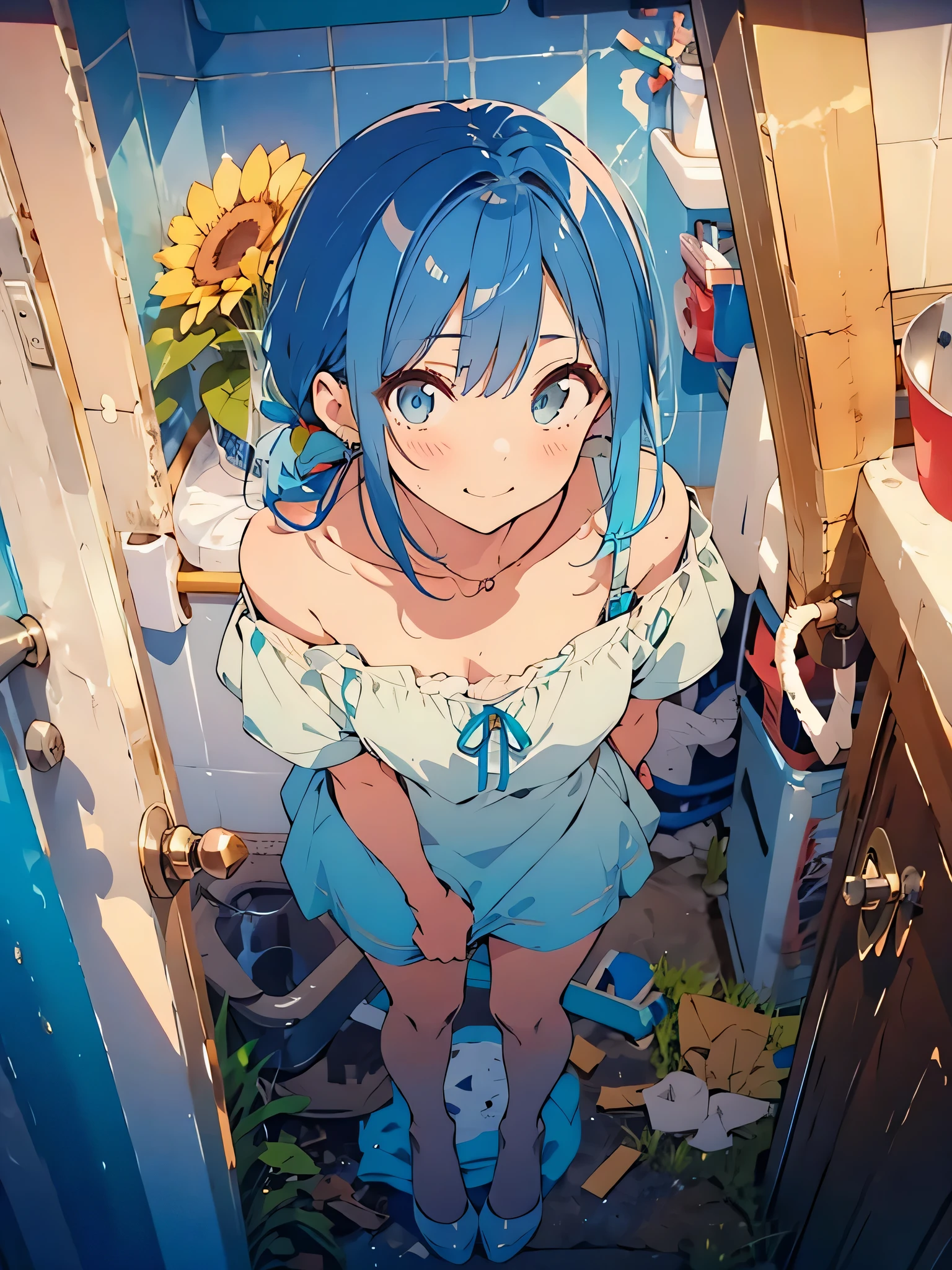 NSFW:1.4,masterpiece, best quality, (((color trale))),looking at viewer,aquamarine image,((short stature))
1girl, solo, open eyes,smile, standing,shoulder cutout, dress,((((blue hair)))),blue panty,green eyes,grim eyes, pigtail, blush, shortcut hair, white dress, clothing cutout, bangs, necklace, blurry, hand between legs, aquamarine background, between legs, bow, facing viewer, small breasts, bare shoulders, straw hat, day, collarbone, hair bow, short sleeves, feet out of frame, ribbon,depth of field, hair over shoulder,day,(((pick a used condom:1.4))),