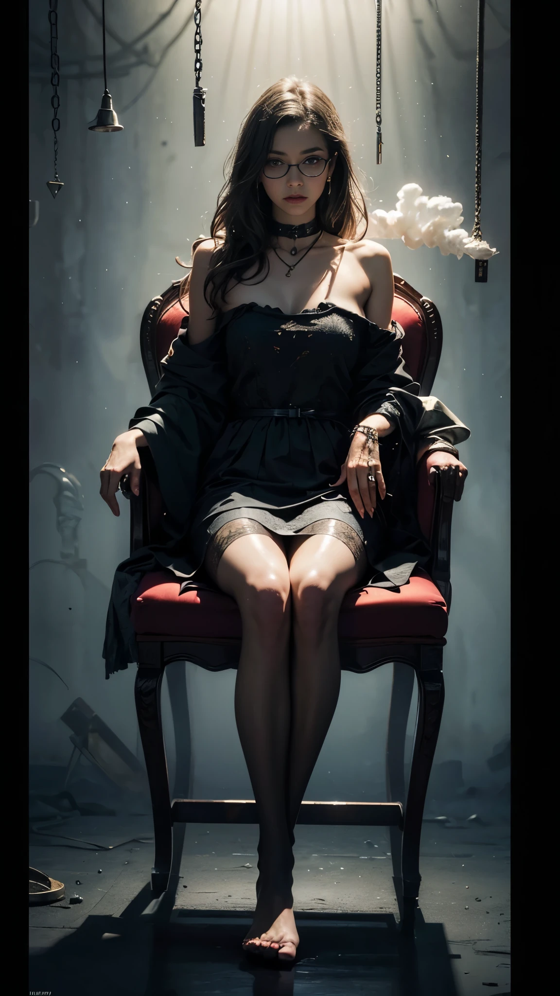 ((Detailed eyes)), bare feet, full body in container, dirty woman chained to a chair, white torn stockings, broken glasses, woman in container, desperate expression, worried alice in wonderland in container, concerned about future, brunette, realistic hands, photorealistic, grandpawds, 4k UHD, dark vibes, hyper detailed, epic composition, octane render, sharp focus, high resolution isometric, (film grain:1.3), The light is sparkling, high quality photography, 3 point lighting, flash with softbox, 4k, HDR, smooth, sharp focus, high resolution, award winning photo, 80mm, f2.8, bokeh, (phgls, chained to a chair in container, bottle). The image is of the best quality, with a resolution of 4k and HDR enhancement, showcasing the utmost level of detail and realism. Alluring at viewer. The character is surrounded by mist, evoking a mysterious and eerie atmosphere. The lighting is dark and atmospheric, with a red smoke adding a touch of sinister ambiance.