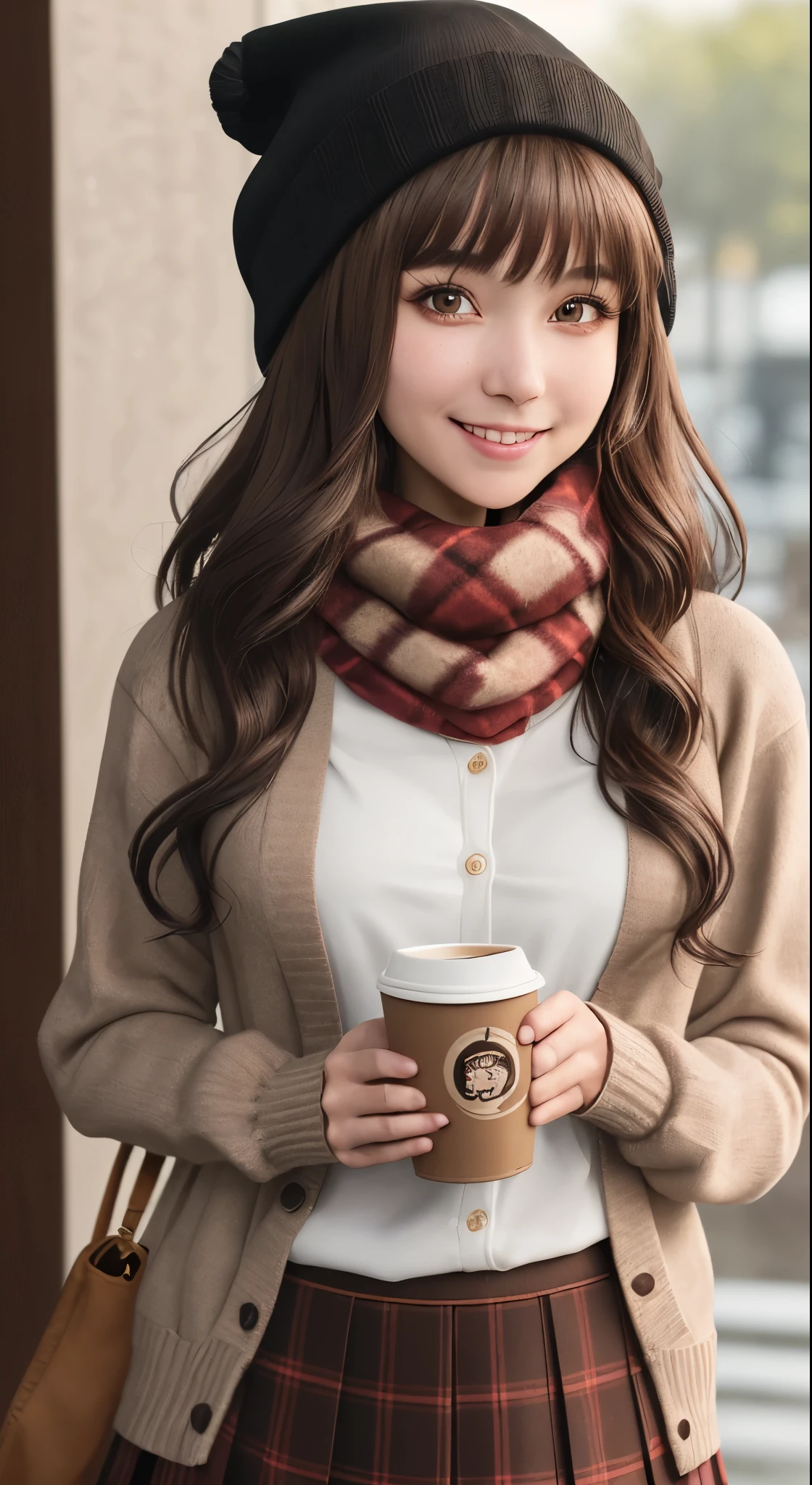 One girl, 紅leaf, bangs, Black Hat, Blurred Background, blush, Brown eyes, Brown Hair, brown scarf, brown skirt, cardigan, coffee, Cowboy Shot, cup, disposable cup, drink, 落ちleaf, Beanie, Holding, Holding drink, leaf, Long Hair, Long sleeve, View your viewers, open cardigan, Open your mouth, Plaid, Plaid skirt, puffy Long sleeve, red sweater, scarf, shirt, shirt tucked in, Side Lock, skirt, smile, alone, sweater, white shirt, Very detailed, Complex, masterpiece, Absurd