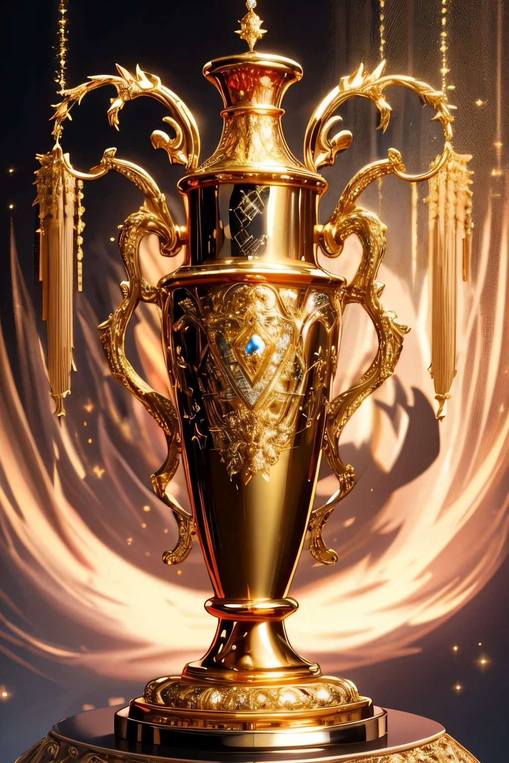 (best quality,4k,8k,highres,masterpiece:1.2),ultra-detailed,realistic, golden trophy, beautifully detailed design, modern design, sparkling diamonds, meticulously designed trophy, embellished with diamonds,"WINNERS"