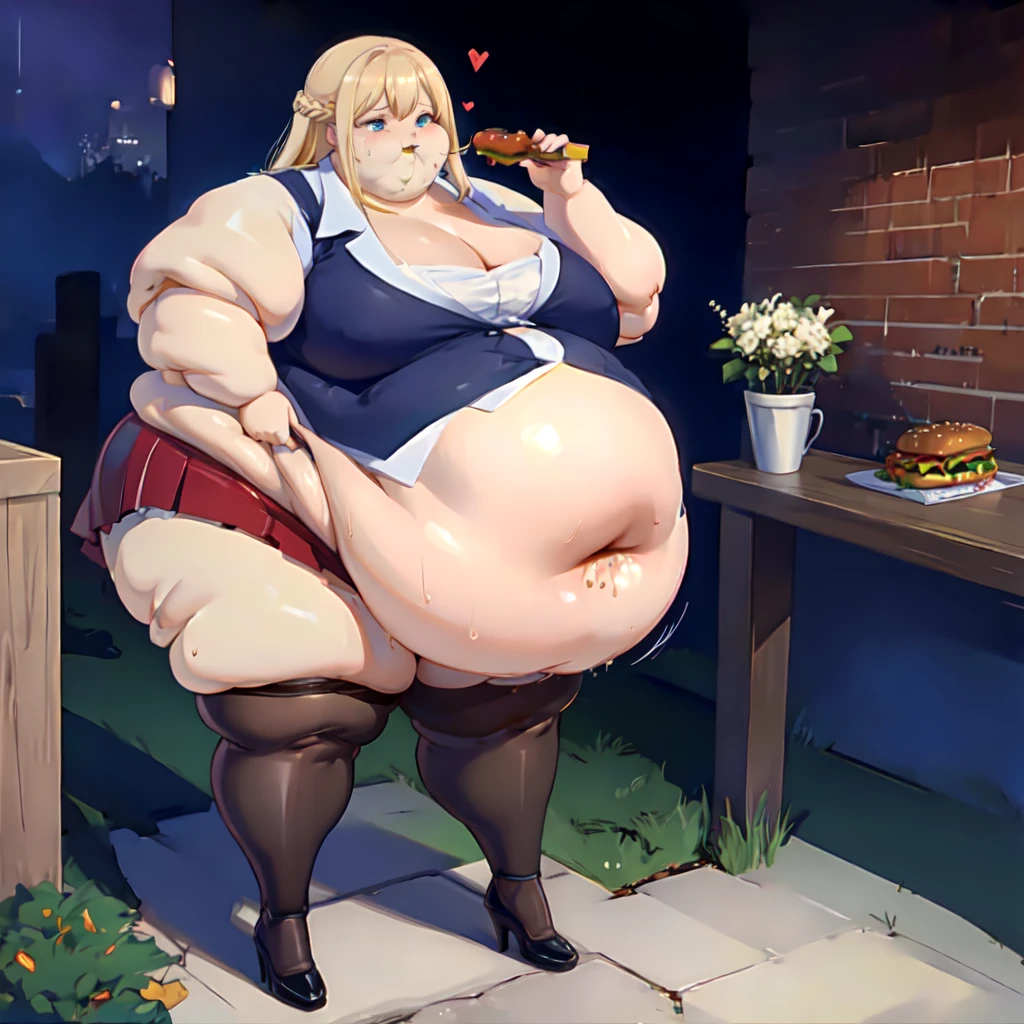 High quality, full body photo of a beautiful sexy secretary wearing extremely short skirt and seamed stockings, ((solo)), adult, high heels, craves sex, sweaty, eating at McDonalds, beautiful face, long wavy blonde hair, stunning blue eyes, massive painfully overstuffed bloated distended bulging heavy obese belly, panties visible under skirt, revealing skirt, shes binge eating, weight gain, very wide fat hips, fat thick thighs, massive wide fat round heart shaped shelf bubble butt, massive fat heavy breasts, very deep cleavage, tight uniform, belly so full it hurts, shes so fat she can barely stand, shes so full she can barely stand, her clothes dont fit shes so extremely fat, shes become a fat food addicted slob, she doesnt care about being fat anymore she just wants to eat more and more food until she cant move, covered in sweat, belly bigger than her body, she’s very heavy massive and obese, fat cheeks, fat face, fat neck, struggling to eat more, struggling to stand, shes rubbing her belly, burping, sagging obese belly, painfully churning gurgling groaning growling belly, she cant fit anymore food inside her belly, shes in a state of blubbery bliss, it hurts so much but if feels so good,