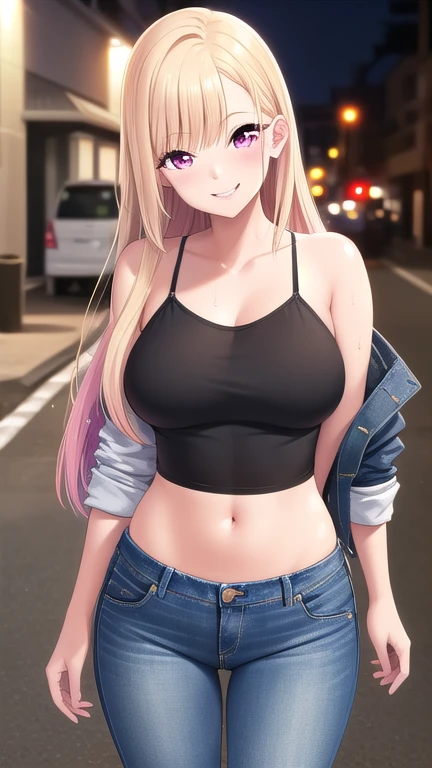 (Best quality:1.5, a high resolution, UHD, 4k, detailed lighting, shaders, perfect graphics), marin kitagawa, pink eyes, long hair, big breasts, open jacket, camisole, crop top, jeans, sexual, erotic, seductive, obscene, smiling, standing, street background, naked