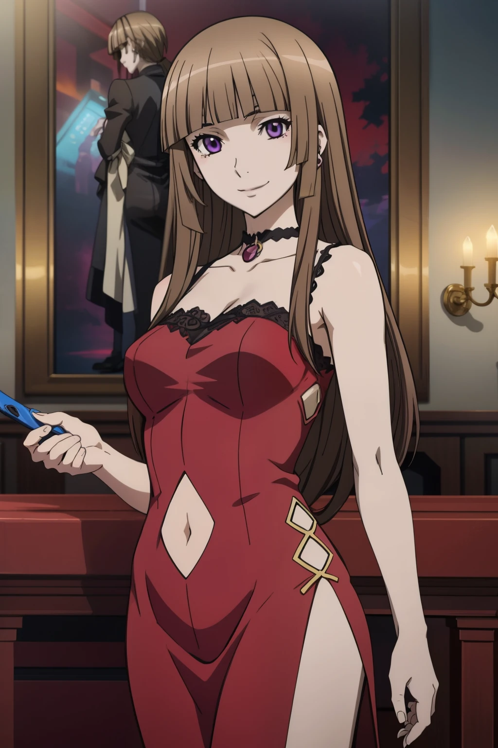 Fuwa Aika (brown hair, purple eyes), hime cut,  choker, masterpiece, best quality, highly detailed, a anime girls in long dress with navel cutout posing for a
picture, evil smile, smile, , revealing dress, beautiful dress center
opening , long dress with bellybutton showing, ecchi anime style, anime girls, ecchi style, ecchi, digital
anime art!!, in anime style, official artwork, visual novel cg, beautiful anime girl, anime style 4 k, exposed
navel, exposed bellybutton, jewelry, earrings, complex detailed background, casino environment, fancy
interior environment, rich interior,