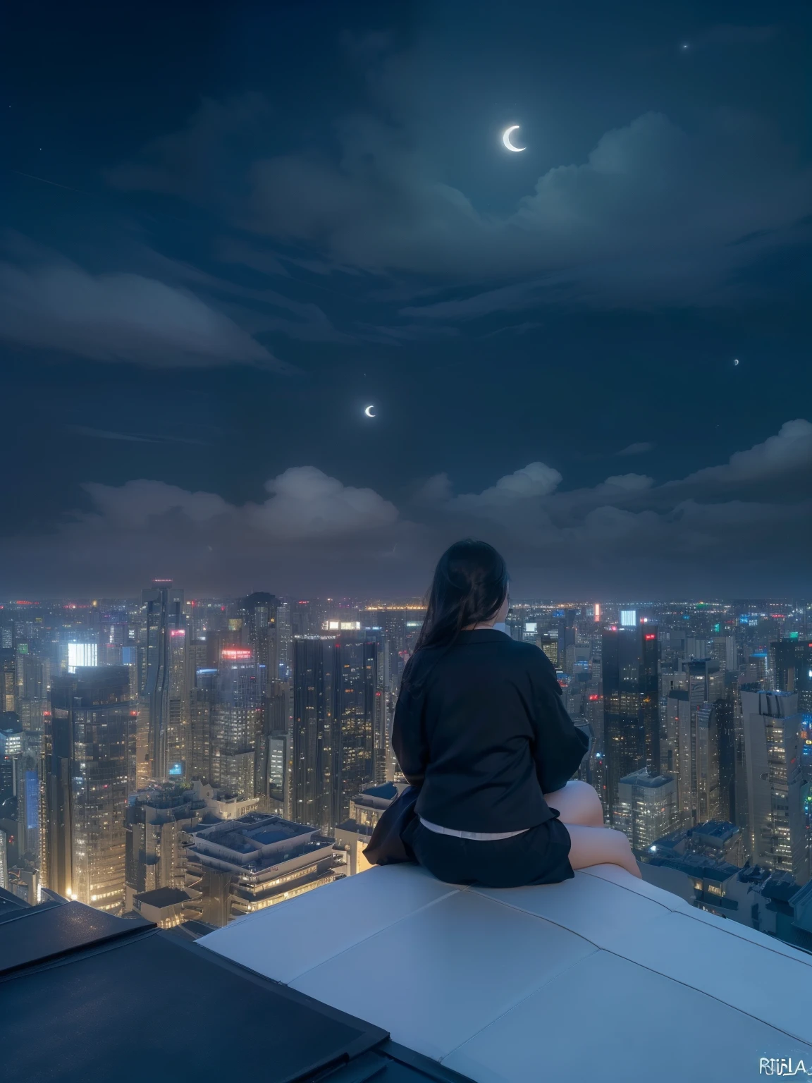 ((highest quality)), ((8K)), ((masterpiece: 1.3)), (Perfect appearance), (Photorealism: 1.6), (Ultra high definition), (Late Night: 1.4), (Skyscraper rooftop: 1.4), (Night sky with the moon visible through the clouds: 1.4), (Windy rooftop: 1.4), (ビルの縁に座るJapanese Mature: 1.6), (Sitting on the tip of the building&#39;s roof: 1.4), (Sitting facing the outside of the building), (sitting with legs stretched out on the outside of a building: 1.2), (Legs in the air: 1.2), (Focus on the female figure: 1.4), (The woman has a night view in front of her: 1.4), (The rooftop floor is visible behind the woman.: 1.4), (A female figure in the center: 1.4), (An aerial view of a woman&#39;s back: 1.4), (60 years old, Japanese Mature), ((Realistic skin texture)), ((Realistic skin texture)), (Fine lines all over the skin), (Dull skin), (Facial wrinkles), (Wrinkles around the eyes), double eyelid, Tear bags under the eyelids, (My eyes are looking at the night view at my feet: 1.2), (Short bangs: 1.2), (Long Hair: 1.6), (Long hair is messed up by the strong wind: 1.4), (Soft fabric blouse: 1.2), (Flared long skirt: 1.2), (Her blouse and skirt are fluttering in the wind.: 1.4), (High heels: 1.2),