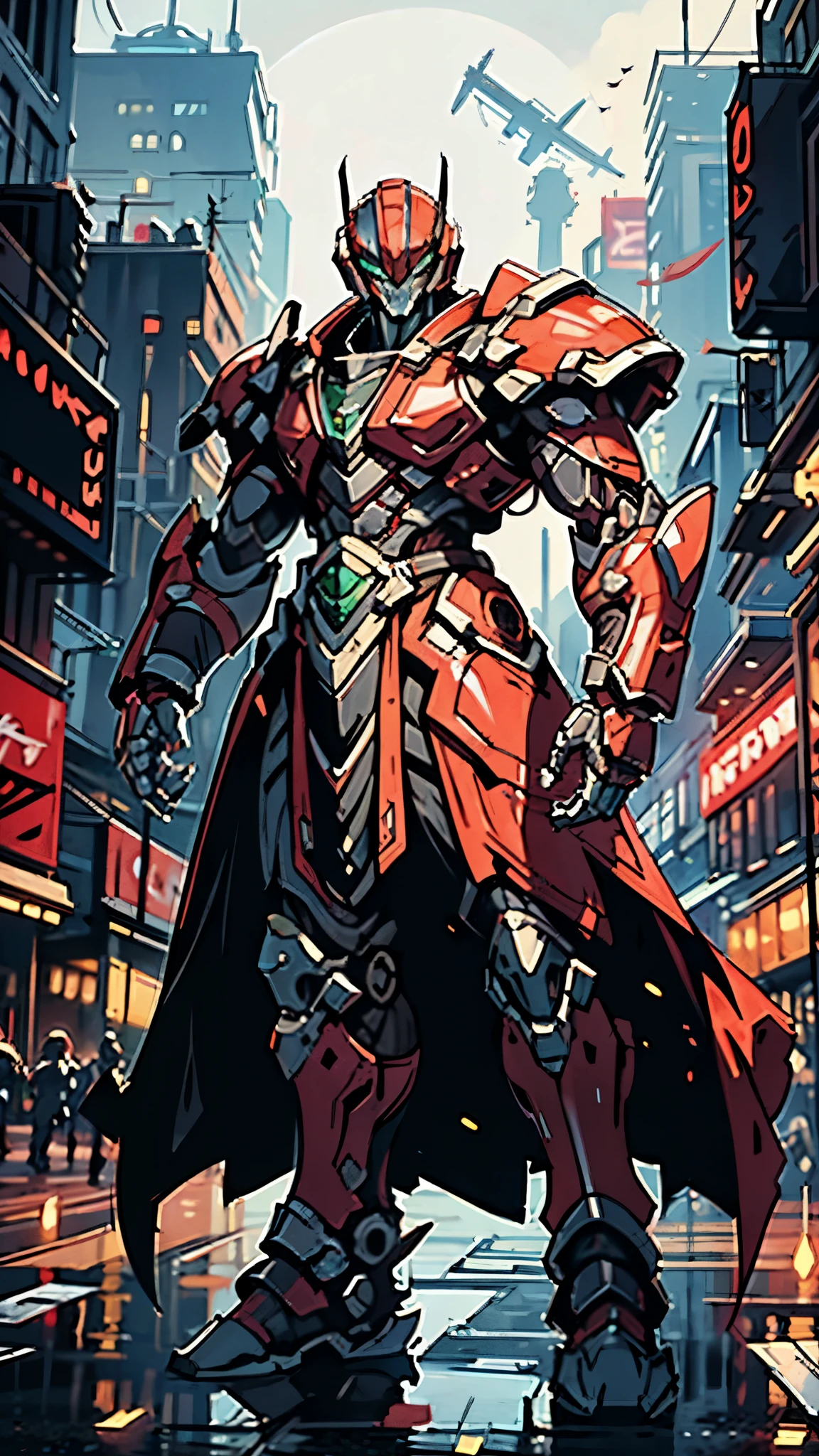 A man wearing a full-face helmet, a fantasy-style biotech armored combat suit, green eyes, (a composite layered chest armor), fully enclosed shoulder guards, matching arm and leg guards, the belt is adorned with fangs biting into gem, (the color scheme is primarily black with red accents), the design balances heavy with agility, a high-tech bio-mecha armor, (Armor Concept Inspired by Godzilla, stand on the top of a skyscraper in a futuristic sci-fi city), this character embodies a finely crafted fantasy-surreal style armored hero in anime style, exquisite and mature manga art style, (element, plasma, energy, the armor glows), ((male:1.5)), metallic, real texture material, dramatic, high definition, best quality, highres, ultra-detailed, ultra-fine painting, extremely delicate, professional, perfect body proportions, golden ratio, anatomically correct, symmetrical face, extremely detailed eyes and face, high quality eyes, creativity, RAW photo, UHD, 32k, Natural light, cinematic lighting, masterpiece-anatomy-perfect, masterpiece:1.5