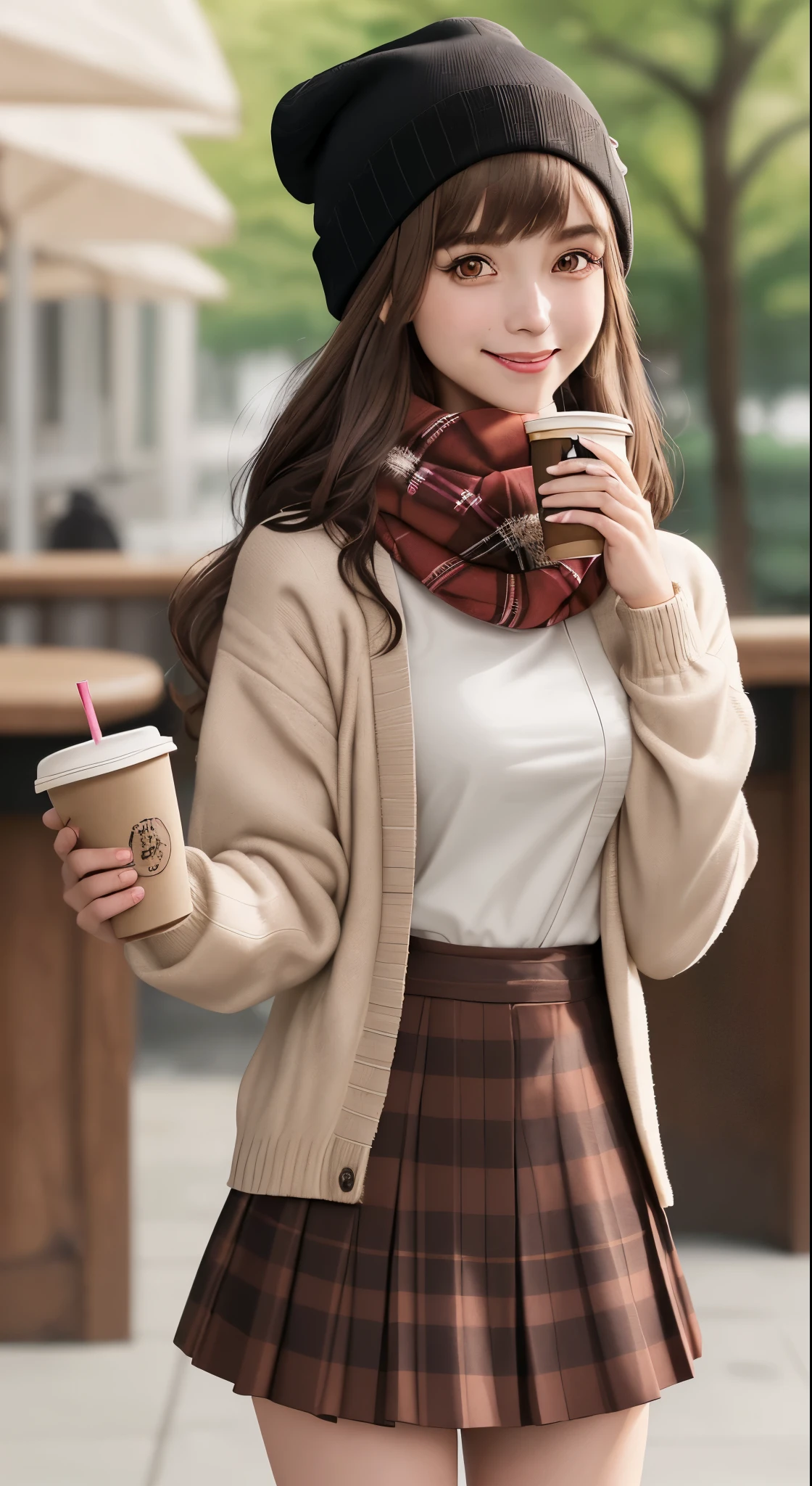 One girl, 紅leaf, bangs, Black Hat, Blurred Background, blush, Brown eyes, Brown Hair, brown scarf, brown skirt, cardigan, coffee, Cowboy Shot, cup, disposable cup, drink, 落ちleaf, Beanie, Holding, Holding drink, leaf, Long Hair, Long sleeve, View your viewers, open cardigan, Open your mouth, Plaid, Plaid skirt, puffy Long sleeve, red sweater, scarf, shirt, shirt tucked in, Side Lock, skirt, smile, alone, sweater, white shirt, Very detailed, Complex, masterpiece, Absurd