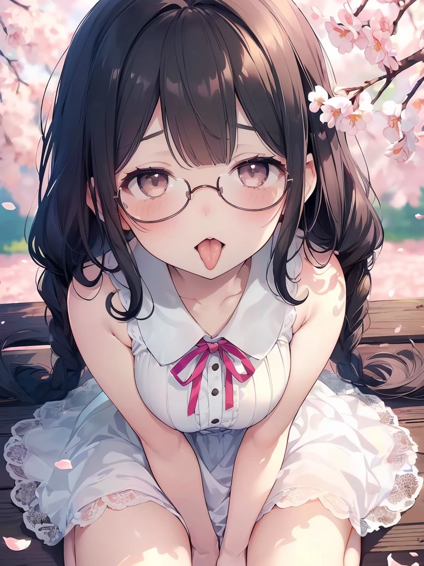 Very detailed, highest quality, High resolution, Moe Anime, ((A cute girl with black hair and droopy eyes leans forward)), ((Wearing large round glasses:1.4)), (Baby Face), Cute eyes, Detailed eye depiction, Sparkle in the eyes, View your viewers, Pale skin, (Big eyes:1.4, Droopy eyes:1.4), smile, Focus on the face, In the park with cherry blossoms falling, Sitting, (Extreme close up of tongue), (((From above:1.2))), (Open your mouth wide:1.5), (((Face only:1.3))), ((white lace sleeveless dress)), Bright Eyes, (Put your hands between your legs:1.4), large and long tongue, Cleavage, Braided hairstyle, Pink ribbon