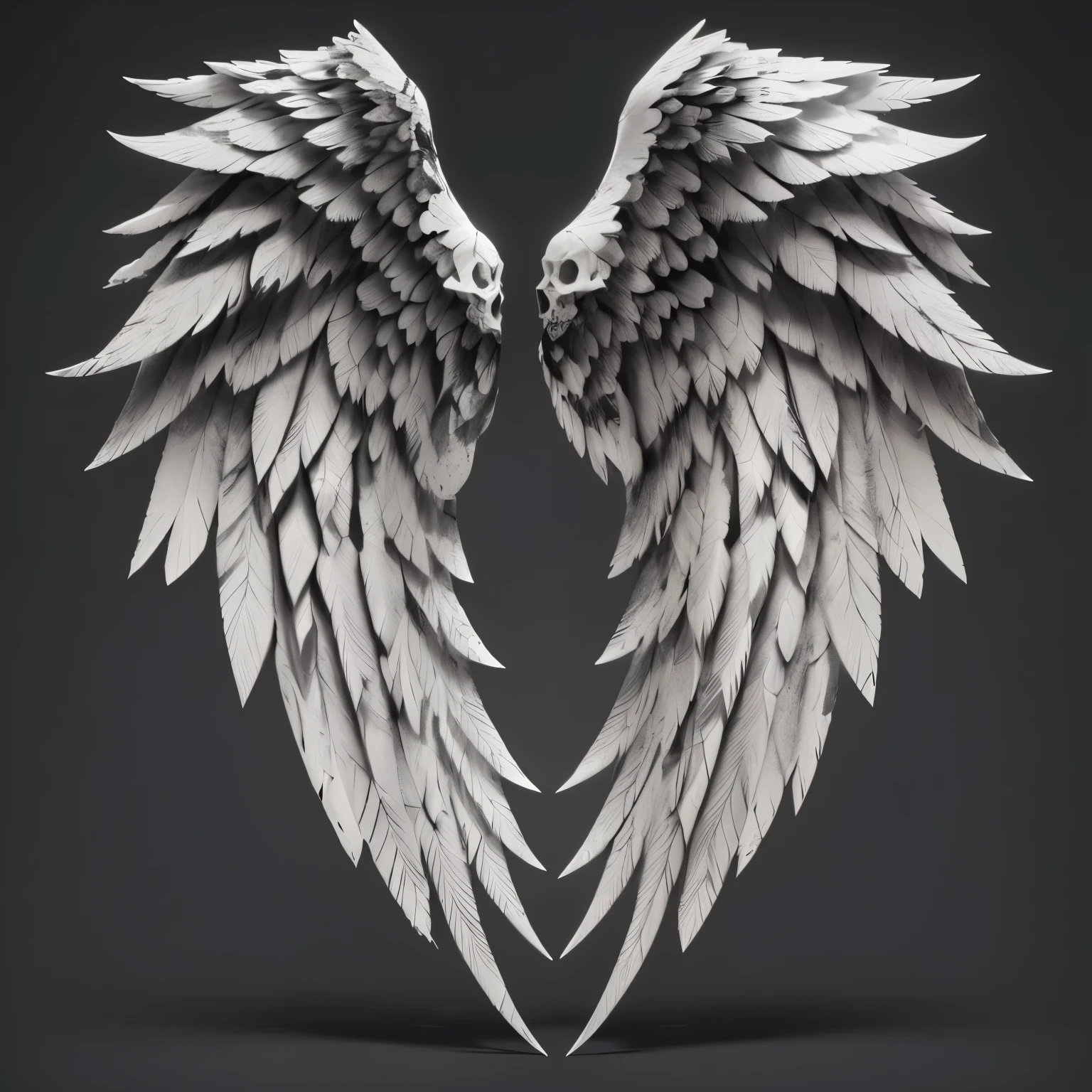 The perfect symmetrical skull wings mesmerizing, ultra-realistic 3D render of tattooing design of massive strong thick and bold black design, ultra detailed, full body shot, black and white drawing, gorgeous, strong wings, looks thick, ultra detailed, thick lines to far end, matt black bold