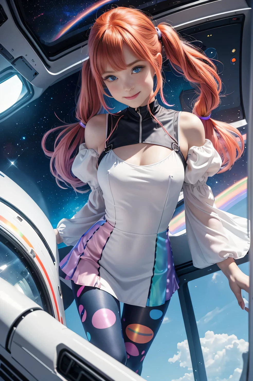 (overhead view) Cute redhead with rainbow colored hair tips, ribbons in her hair, 18-year-old woman, happy, smiling, in twin tails, perfect eyes, clear sparkling blue eyes, pale skin, silky smooth white skin, alabaster skin, flying a fancy metal luxurious space ship, futuristic cockpit, she's a pilot, outer space seen in windows, dark warm lighting, wearing a futuristic dress, low cut top, pleated (chemise) mini dress (pastel rainbow colors, and polka dots), puffy sleeves silk, wearing colorful leggings/tights.