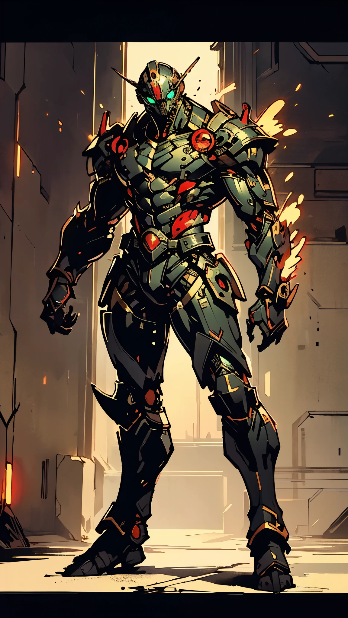 A man wearing a full-face helmet, a fantasy-style biotech armored combat suit, green eyes, (a composite layered chest armor), fully enclosed shoulder guards, matching arm and leg guards, the belt is adorned with fangs biting into gem, (the color scheme is primarily black with red accents), the design balances heavy with agility, a high-tech bio-mecha armor, (Armor Concept Inspired by Godzilla, stand on the top of a skyscraper in a futuristic sci-fi city), this character embodies a finely crafted fantasy-surreal style armored hero in anime style, exquisite and mature manga art style, (element, plasma, energy, the armor glows), ((male:1.5)), metallic, real texture material, dramatic, high definition, best quality, highres, ultra-detailed, ultra-fine painting, extremely delicate, professional, perfect body proportions, golden ratio, anatomically correct, symmetrical face, extremely detailed eyes and face, high quality eyes, creativity, RAW photo, UHD, 32k, Natural light, cinematic lighting, masterpiece-anatomy-perfect, masterpiece:1.5