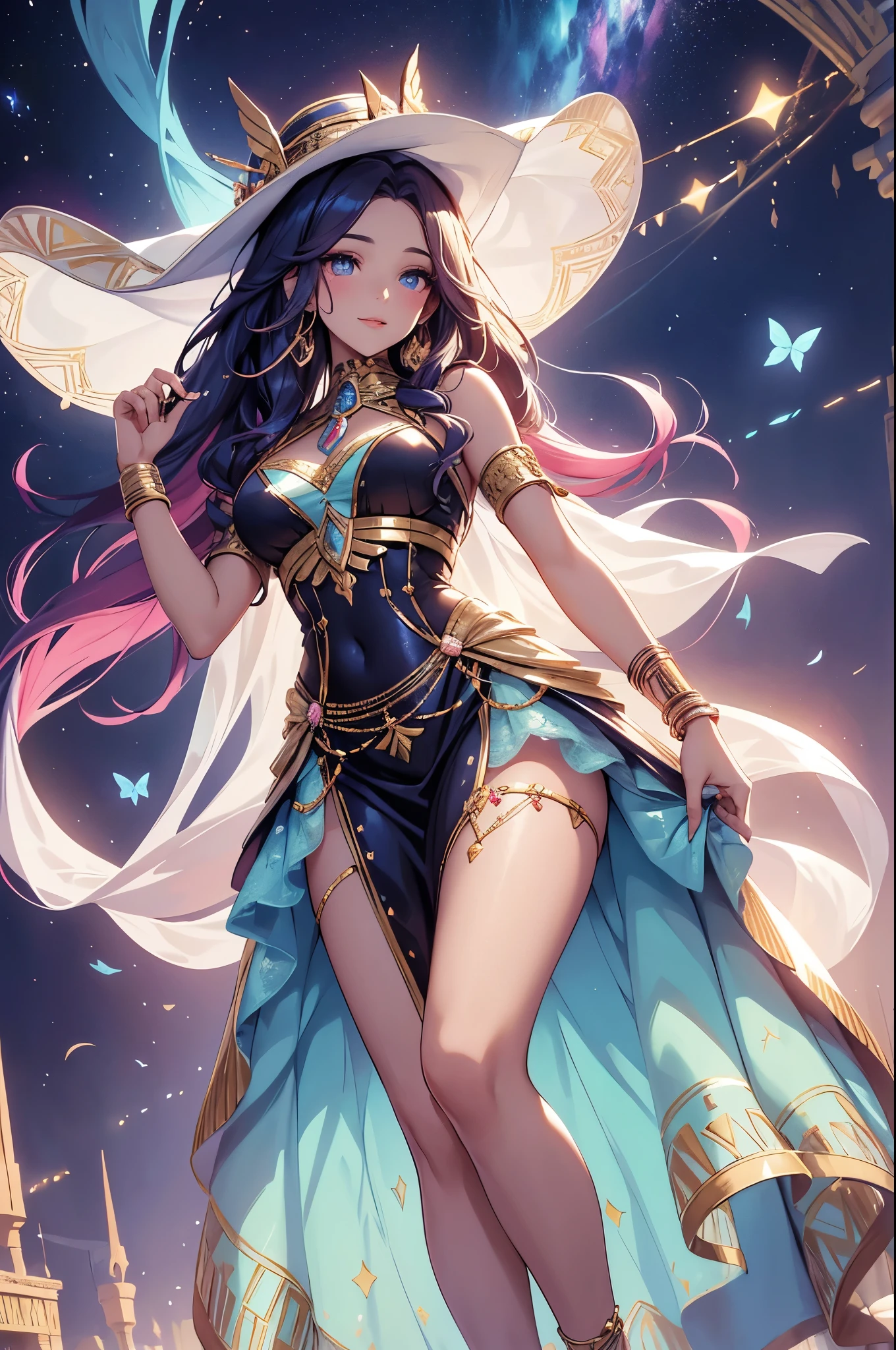 (best quality,4k,8k,highres,masterpiece:1.2),ultra-detailed,(realistic,photorealistic,photo-realistic:1.37),acrylic painting,beautiful Egyptian model in a Lolita dress with downy hair,beautiful Egyptian model with extremely colorful hair and detailed facial features,beautiful Egyptian model standing in a beautiful garden surrounded by a starry sky,beautiful Egyptian model wearing a vibrant Lolita dress,beautiful Egyptian model with intricate accessories and a matching hat,beautiful Egyptian model posing gracefully with her hands on her hips,beautiful Egyptian model with long flowing twintails,beautiful Egyptian model with bright blue eyes and rosy lips,beautiful Egyptian model with a joyful expression,beautiful Egyptian model in a dynamic pose with cherry blossoms falling around her,beautiful Egyptian model surrounded by colorful flowers and butterflies,beautiful Egyptian model's dress adorned with cute bows and lace details,beautiful Egyptian model with an enchanting smile,beautiful Egyptian model with soft, pastel-colored shading,beautiful Egyptian model with a magical glow illuminating her,beautiful Egyptian model in a picturesque setting with a winding path leading to a magnificent castle,beautiful Egyptian model holding a microphone and singing passionately,beautiful Egyptian model with a fairytale-like background,beautiful Egyptian model with a soft, dreamy atmosphere,beautiful Egyptian model with a subtle bokeh effect,beautiful Egyptian model standing under a moonlit sky,beautiful Egyptian model with a warm, golden sunset in the background,beautiful Egyptian model surrounded by twinkling stars and colorful nebulae,creating an ethereal and captivating artistic masterpiece.