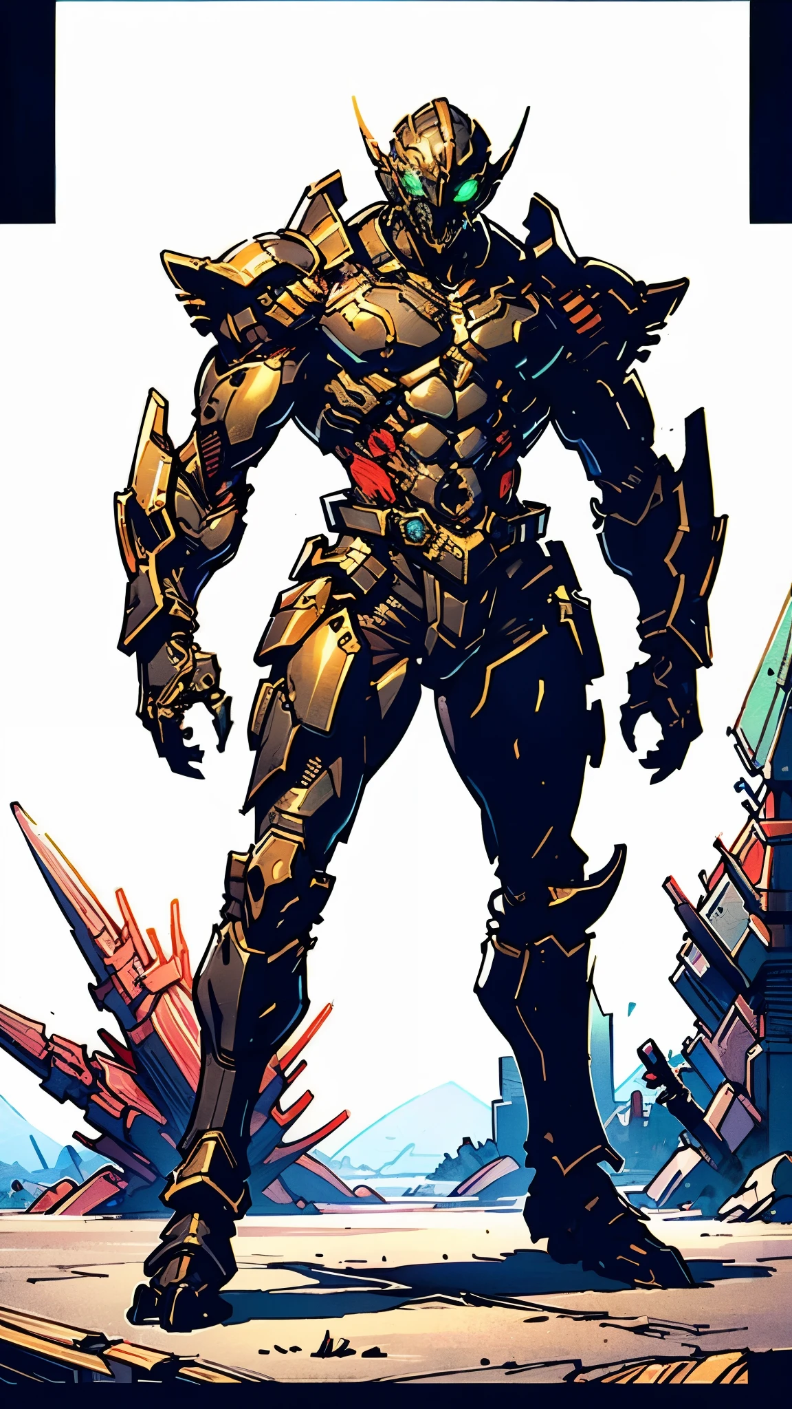 A man wearing a full-face helmet, a fantasy-style biotech armored combat suit, green eyes, (a composite layered chest armor), fully enclosed shoulder guards, matching arm and leg guards, the belt is adorned with fangs biting into gem, (the color scheme is primarily black with red accents), the design balances heavy with agility, a high-tech bio-mecha armor, (Armor Concept Inspired by Godzilla, stand on the top of a skyscraper in a futuristic sci-fi city), this character embodies a finely crafted fantasy-surreal style armored hero in anime style, exquisite and mature manga art style, (element, plasma, energy, the armor glows), ((male:1.5)), metallic, real texture material, dramatic, high definition, best quality, highres, ultra-detailed, ultra-fine painting, extremely delicate, professional, perfect body proportions, golden ratio, anatomically correct, symmetrical face, extremely detailed eyes and face, high quality eyes, creativity, RAW photo, UHD, 32k, Natural light, cinematic lighting, masterpiece-anatomy-perfect, masterpiece:1.5