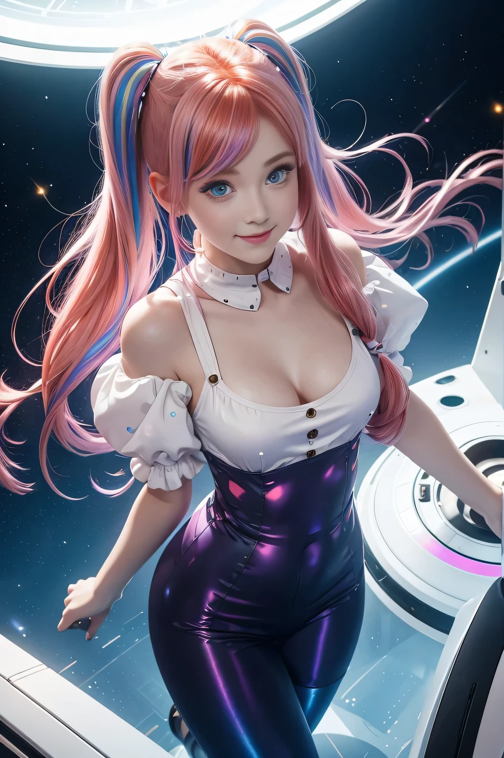 (overhead view) Cute redhead with rainbow colored hair tips, ribbons in her hair, 18-year-old woman, happy, smiling, in twin tails, perfect eyes, clear sparkling blue eyes, pale skin, silky smooth white skin, alabaster skin, flying a fancy metal luxurious space ship, futuristic cockpit, she's a pilot, outer space seen in windows, dark warm lighting, wearing a futuristic dress, low cut top, pleated (chemise) mini dress (pastel rainbow colors, and polka dots), puffy sleeves silk, wearing colorful leggings/tights.