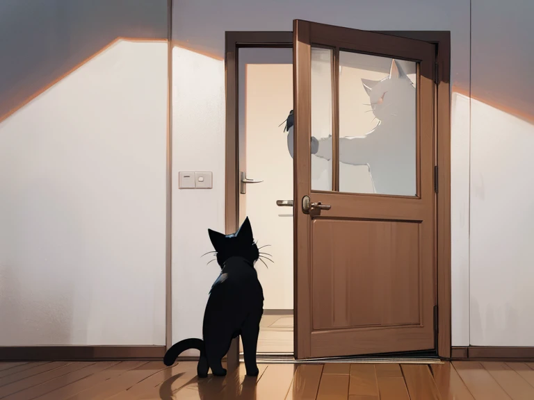 Cute male cat standing with his back to a strange, large door. Please do not draw people.