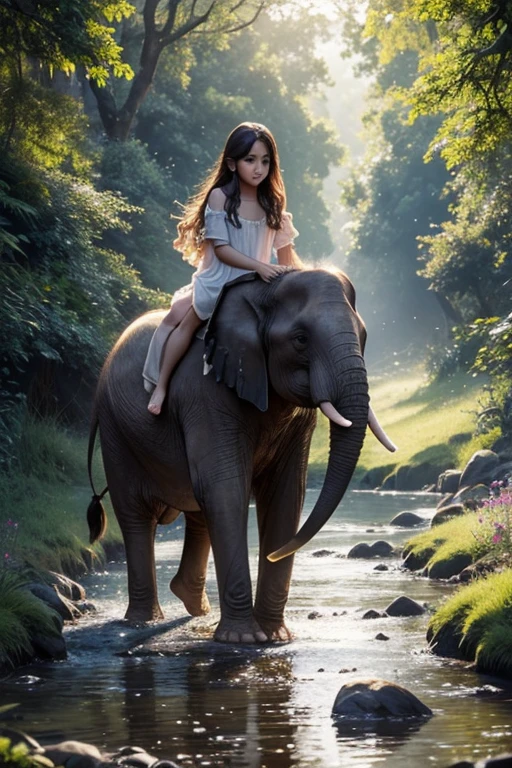 "Imagine a meadow bathed in evening light, where vibrantly colored flowers sway gently in the warm breeze. En el centro del prado, a mother elephant cradles her little elephant with her trunk, ambos con los ojos cerrados en un gesto de pura serenidad y amor incondicional. A su alrededor, mariposas revolotean en el aire, creando un halo de luz y color alrededor de la escena. The soft sound of a nearby stream and the singing of birds complete this image of tenderness and connection with life in its purest and most beautiful form.."