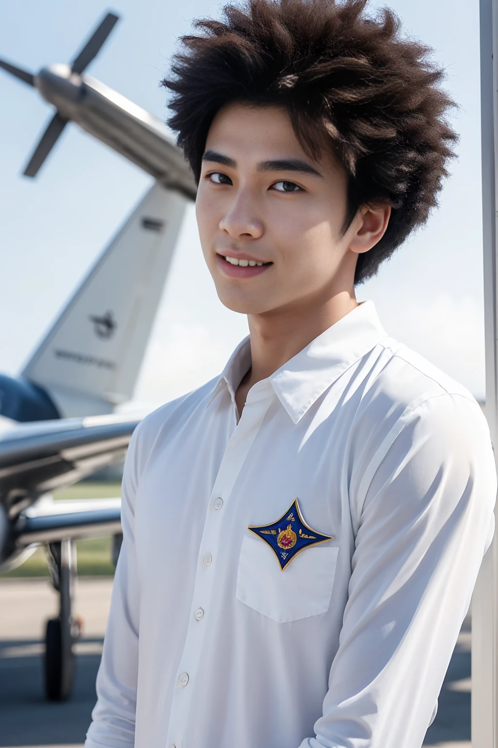 Korean boy wearing airline pilot whites, There is an airplane background nearby, Detailed background, Detailed fingers, Full body shot, Afro hairstyle, Looking at the camera, Delicate facial area, Masculinity, active boy, Posture, Happy expression, Perfect anatomical structure, Symmetrical body, Asia boy 19 years old, High Detail, Asia, Practical, Human skin, Short hairstyle, Handsome chad chin, Handsome, male, attractive, Human skin, (Eye contact), Handsome, attractive