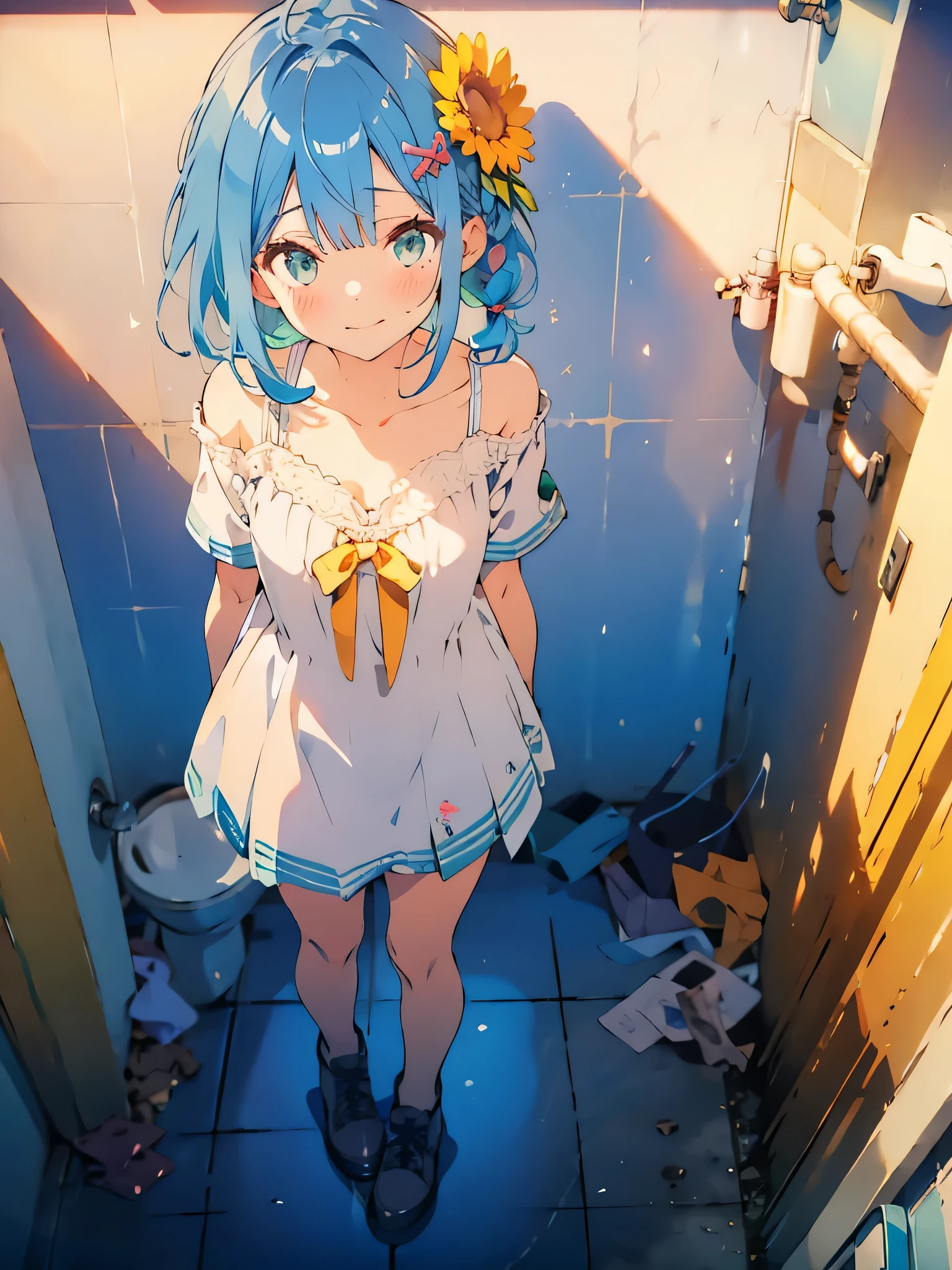 NSFW,masterpiece, best quality,(((color trace))),looking at viewer,town image,((short stature))
1girl, solo, open eyes,smile, standing,shoulder cutout, dress,((((blue hair)))),blue panty,green eyes,grim eyes, pigtail, blush, shortcut hair, white dress, clothing cutout, bangs, necklace, blurry, hand between leg,Town background, between legs, bow, facing viewer, small breasts, bare shoulders, straw hat, day, collarbone, hair bow, short sleeves, feet out of frame, ribbon,depth of field, hair over shoulder,noon,sky,bright sky,sun flower,downtown,old building,cafeteria,peeing,pubic toilet,sink,toilet girl,