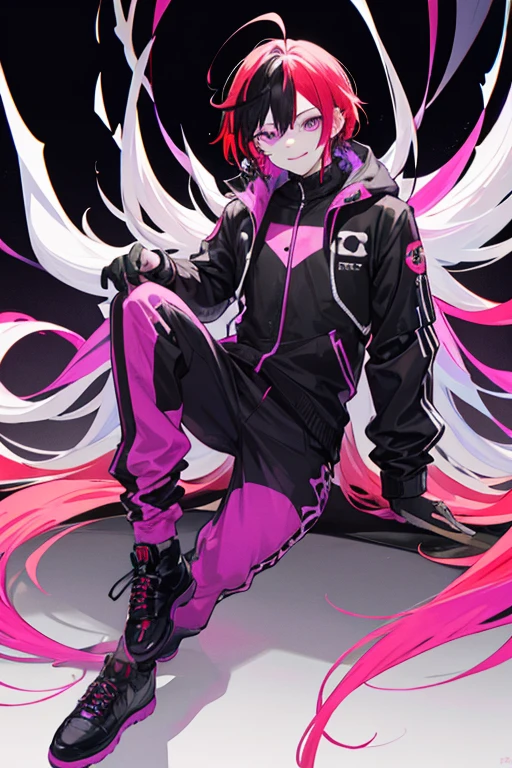 Masculine boy sky red hair with multicolored pink and purple eyes athletic toned full body dark penetrating look and deranged and evil smile with clothing: Chamarra deportiva multicolor, He wears multicolored pants and black boots with multicolored lights all over his entire body around him.