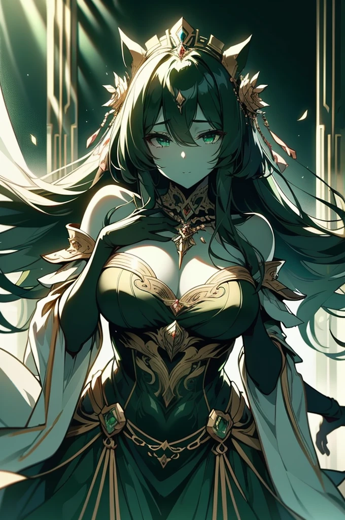 beautiful woman, elegance, beauty, aura, hauntingly, Wearing a gold crown,  rose shaped necklace, A dark green leather suit that clings completely to the body. laughing, captivating, stark contrast, line art, backlighting, Intense, very bright lighting in front of the face, (( beautiful chest: 1.2)),
The face is super clear, Contained Color, anica_teddy, photo r3al, Detailed face, Extremely Realistic, ultra clear, ultra-detailed, ultra-realistic, realhands,1 girl,Sexy Pose
