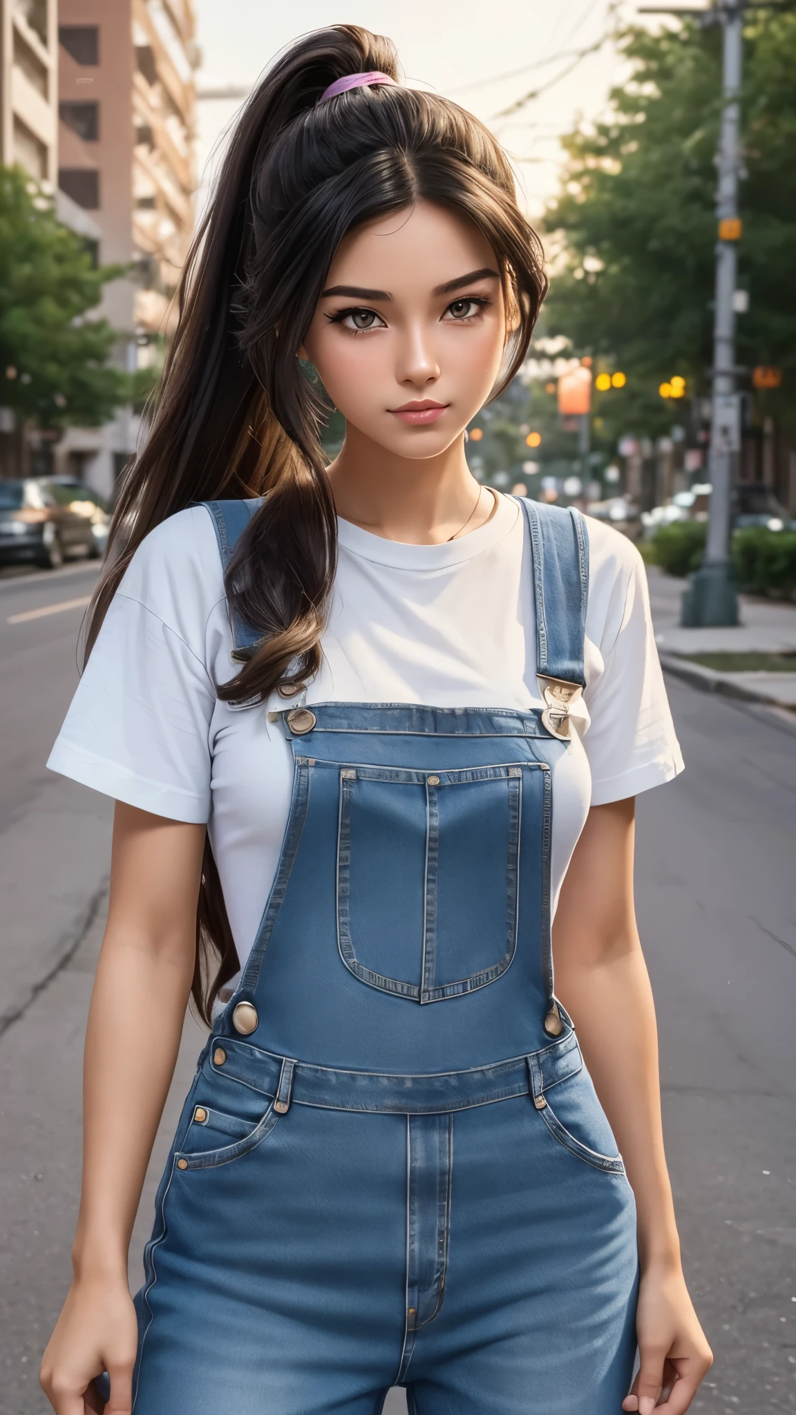 a photo of pho3b3cat3s, beautiful woman, ((24 years old)), street, tshirt, denim overalls, 1980s, retro, long wavy dark hair ponytail, (masterpiece), (extremely detailed CG unity 8k wallpaper), Intricate, ((photorealistic)),