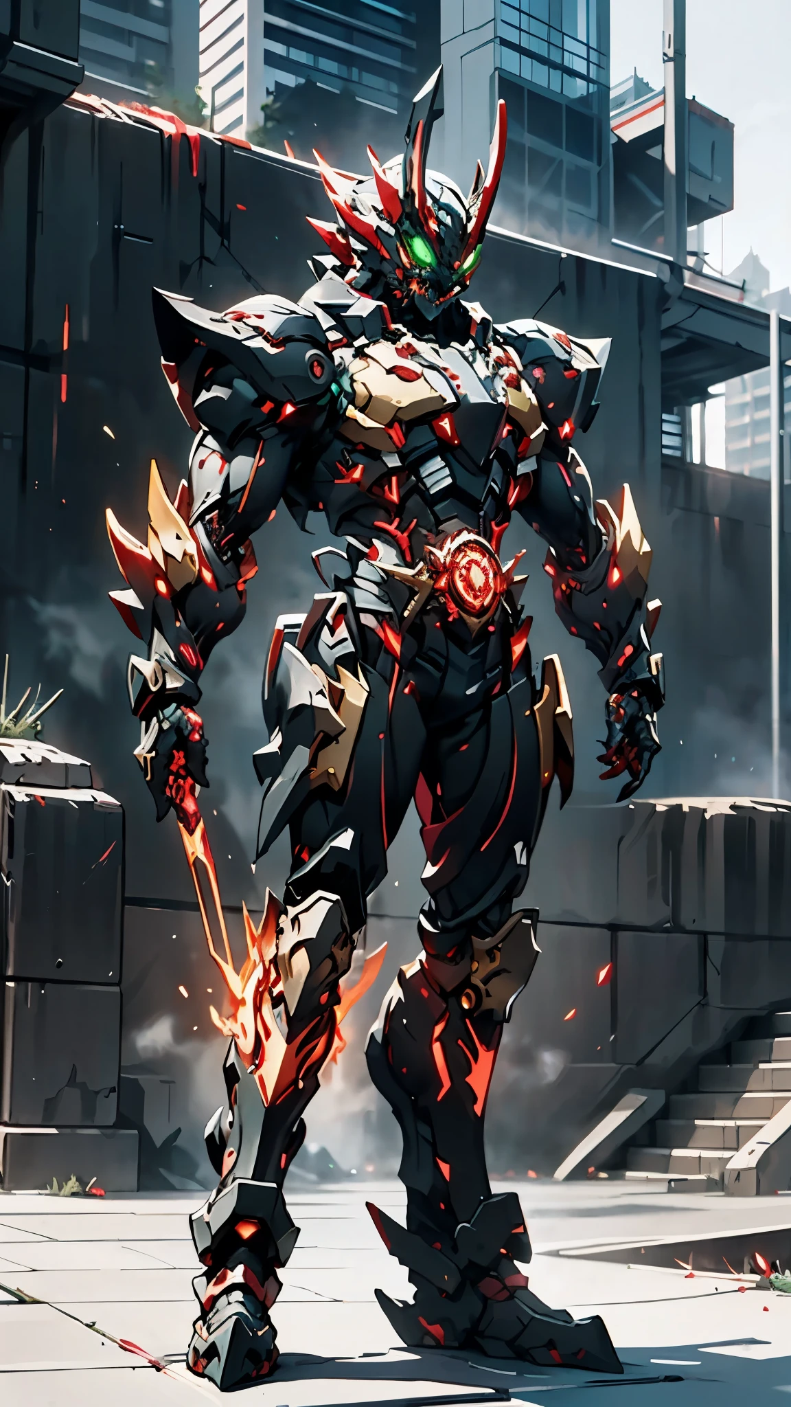 A man wearing a full-face helmet, a fantasy-style biotech armored combat suit, green eyes, (a composite layered chest armor), fully enclosed shoulder guards, matching arm and leg guards, the belt is adorned with fangs biting into gem, (the color scheme is primarily black with red accents), the design balances heavy with agility, a high-tech bio-mecha armor, (Armor Concept Inspired by Godzilla, stand on the top of a skyscraper in a futuristic sci-fi city), this character embodies a finely crafted fantasy-surreal style armored hero in anime style, exquisite and mature manga art style, (element, plasma, energy, the armor glows), ((male:1.5)), metallic, real texture material, dramatic, high definition, best quality, highres, ultra-detailed, ultra-fine painting, extremely delicate, professional, perfect body proportions, golden ratio, anatomically correct, symmetrical face, extremely detailed eyes and face, high quality eyes, creativity, RAW photo, UHD, 32k, Natural light, cinematic lighting, masterpiece-anatomy-perfect, masterpiece:1.5