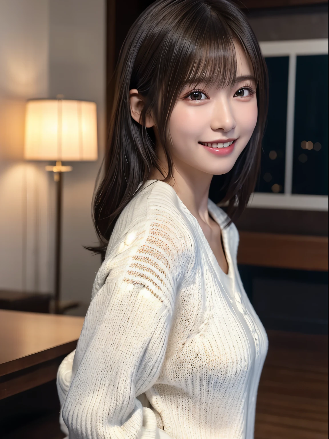 1 Japanese girl,(White sweater:1.4), (RAW Photos, highest quality), (Realistic, Realistic:1.4), Tabletop, Very delicate and beautiful, Very detailed, 8k wallpaper, wonderful, In detail, Very detailedなCG Unity, High resolution, Soft Light, Beautiful details 19 years old, Very detailedな目と顔, Beautiful and sophisticated nose, Beautiful details,Cinema Lighting,Perfect Anatomy,Slender body,smile  (Asymmetrical bangs,)