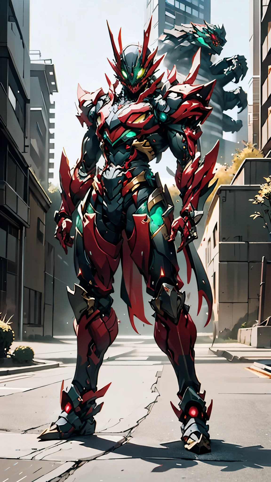 A man wearing a full-face helmet, a fantasy-style biotech armored combat suit, green eyes, (a composite layered chest armor), fully enclosed shoulder guards, matching arm and leg guards, the belt is adorned with fangs biting into gem, (the color scheme is primarily black with red accents), the design balances heavy with agility, a high-tech bio-mecha armor, (Armor Concept Inspired by Godzilla, stand on the top of a skyscraper in a futuristic sci-fi city), this character embodies a finely crafted fantasy-surreal style armored hero in anime style, exquisite and mature manga art style, (element, plasma, energy, the armor glows), ((male:1.5)), metallic, real texture material, dramatic, high definition, best quality, highres, ultra-detailed, ultra-fine painting, extremely delicate, professional, perfect body proportions, golden ratio, anatomically correct, symmetrical face, extremely detailed eyes and face, high quality eyes, creativity, RAW photo, UHD, 32k, Natural light, cinematic lighting, masterpiece-anatomy-perfect, masterpiece:1.5