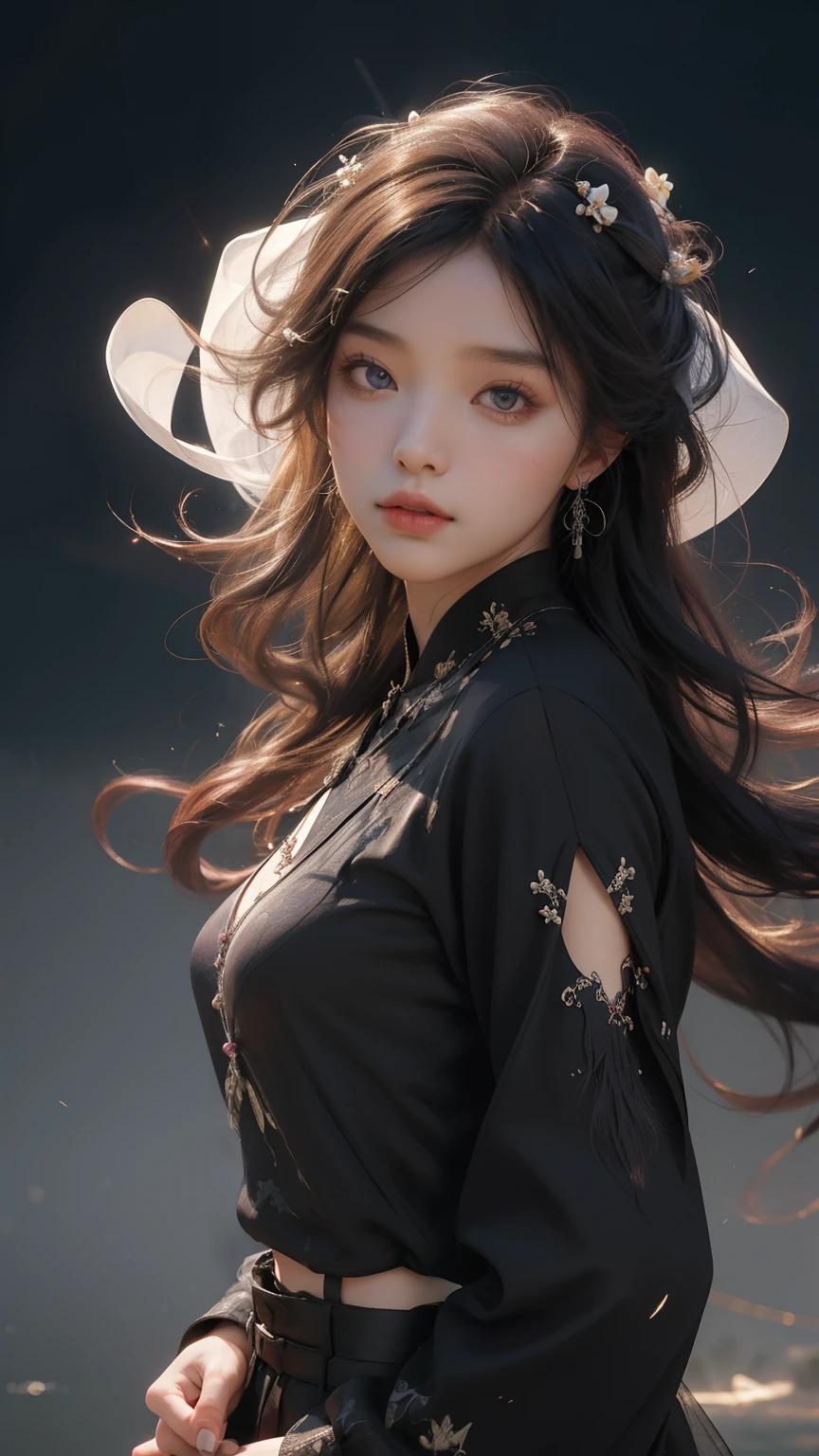 zhongfenghua, 1girl, solo, black sweater, ancient_chinese_architecture, flower field, blossom, (white smoke:1.3) (photorealistic:1.4), zentangle, mandala, entangle, official art, unity 8k wallpaper, ultra detailed, beautiful and aesthetic, masterpiece,best quality, (dynamic angle:1.4), glowing skin, (floating colorful sparkles:1) the most beautiful form of chaos, elegant, a brutalist designed, vivid colours, romanticism depth,sad expression, drowning, her purple eyes shining in the dark water, 